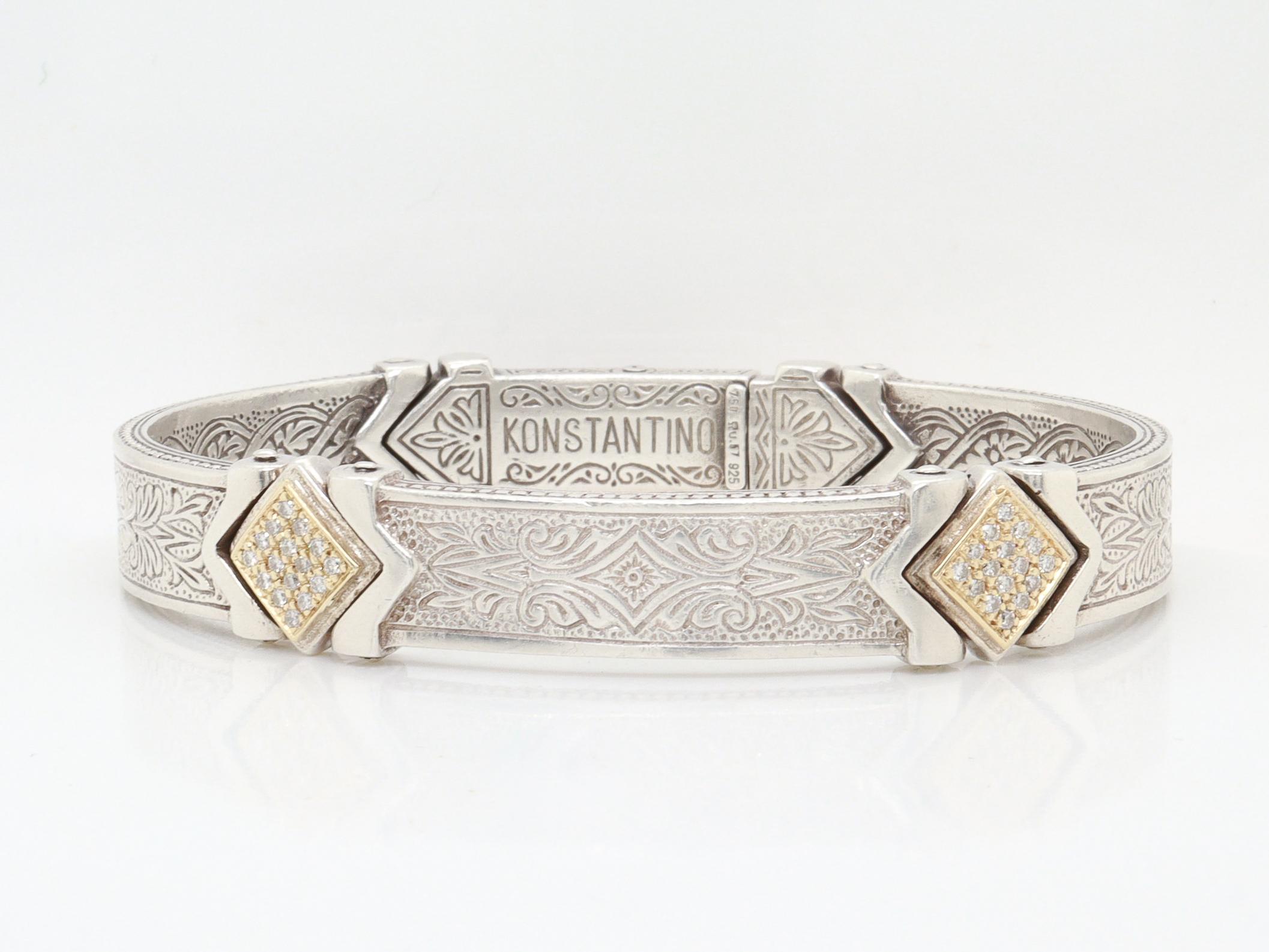 Bracelet manchette à charnière en argent sterling, or 18K et diamants pavés Konstantino Bon état - En vente à Philadelphia, PA