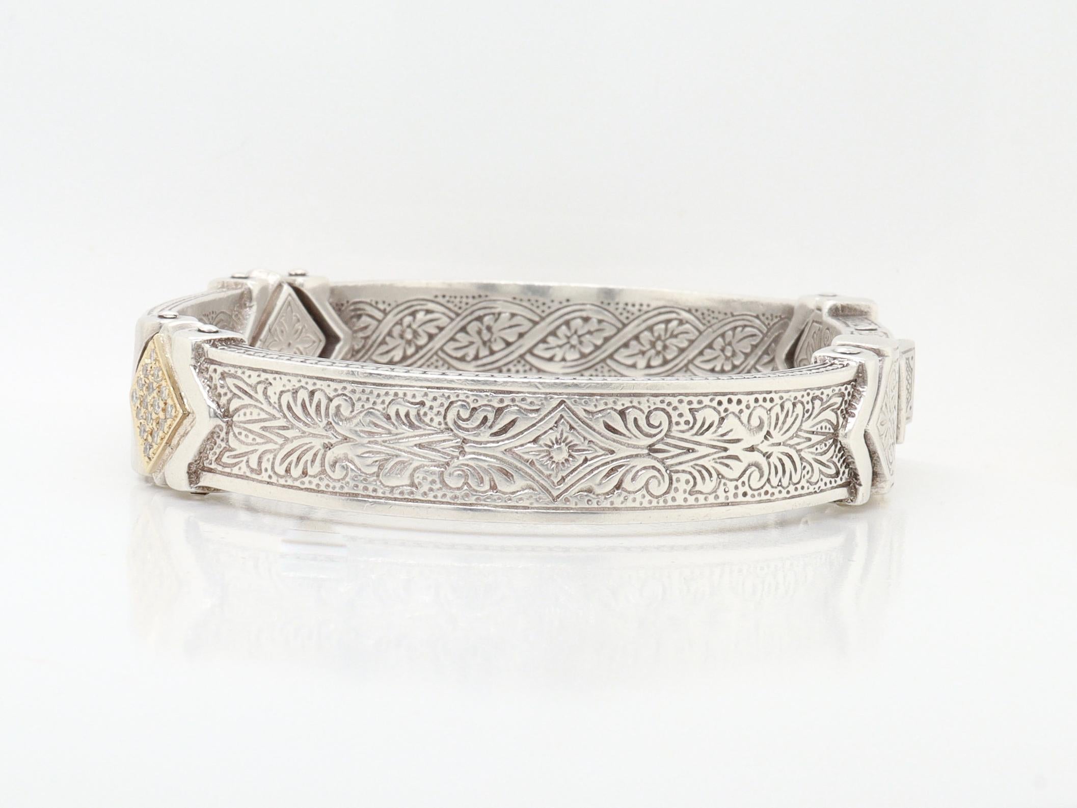 Bracelet manchette à charnière en argent sterling, or 18K et diamants pavés Konstantino Pour hommes en vente