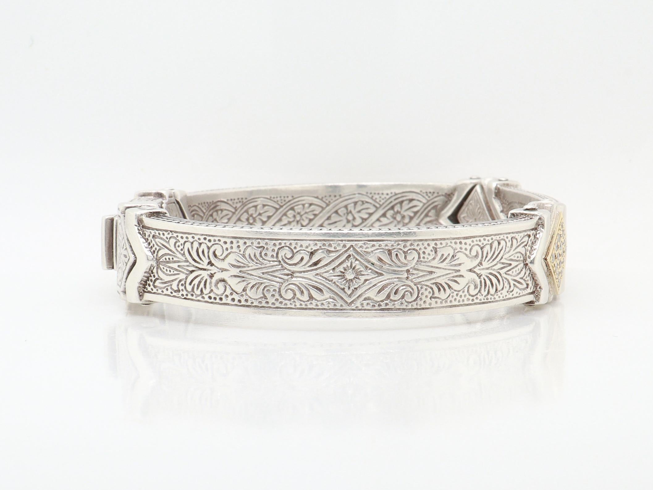 Bracelet manchette à charnière en argent sterling, or 18K et diamants pavés Konstantino en vente 2