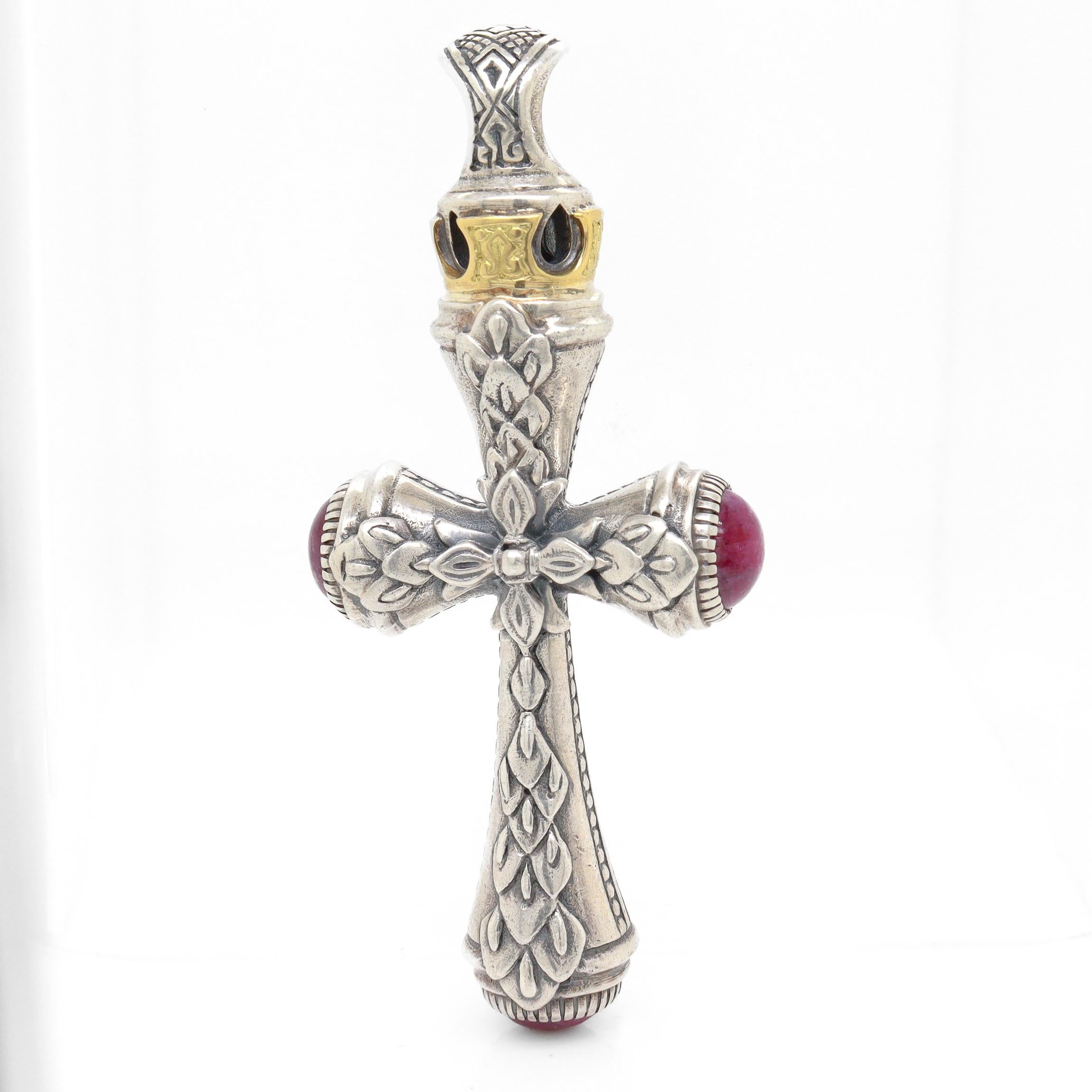 Croix pendentif en argent Sterling Ruby, or 18k et pierres précieuses Ruby Root Bon état - En vente à Philadelphia, PA