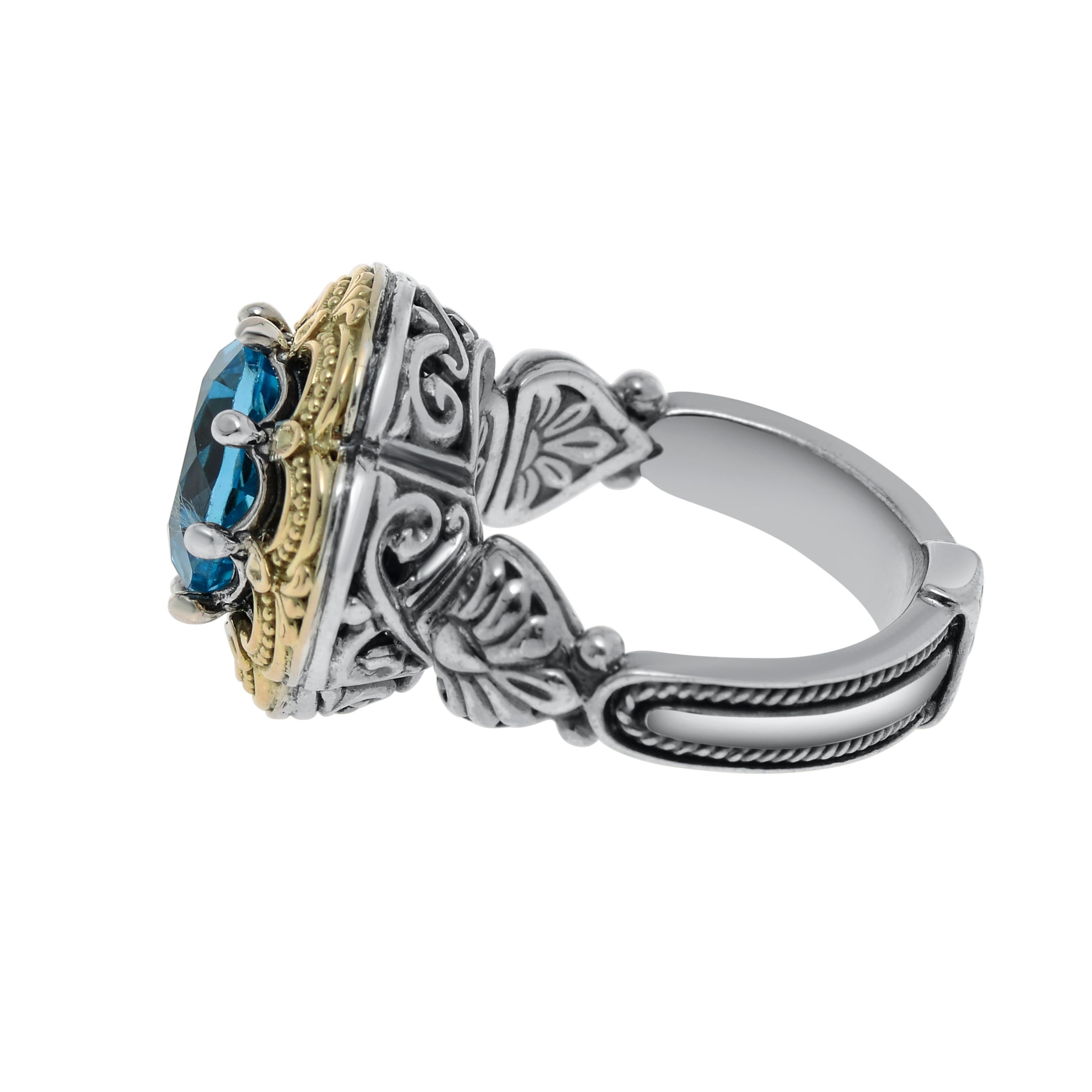 Contemporary Konstantino Sterling Silver & 18K Gold, Blue Topaz Ring sz 7 For Sale