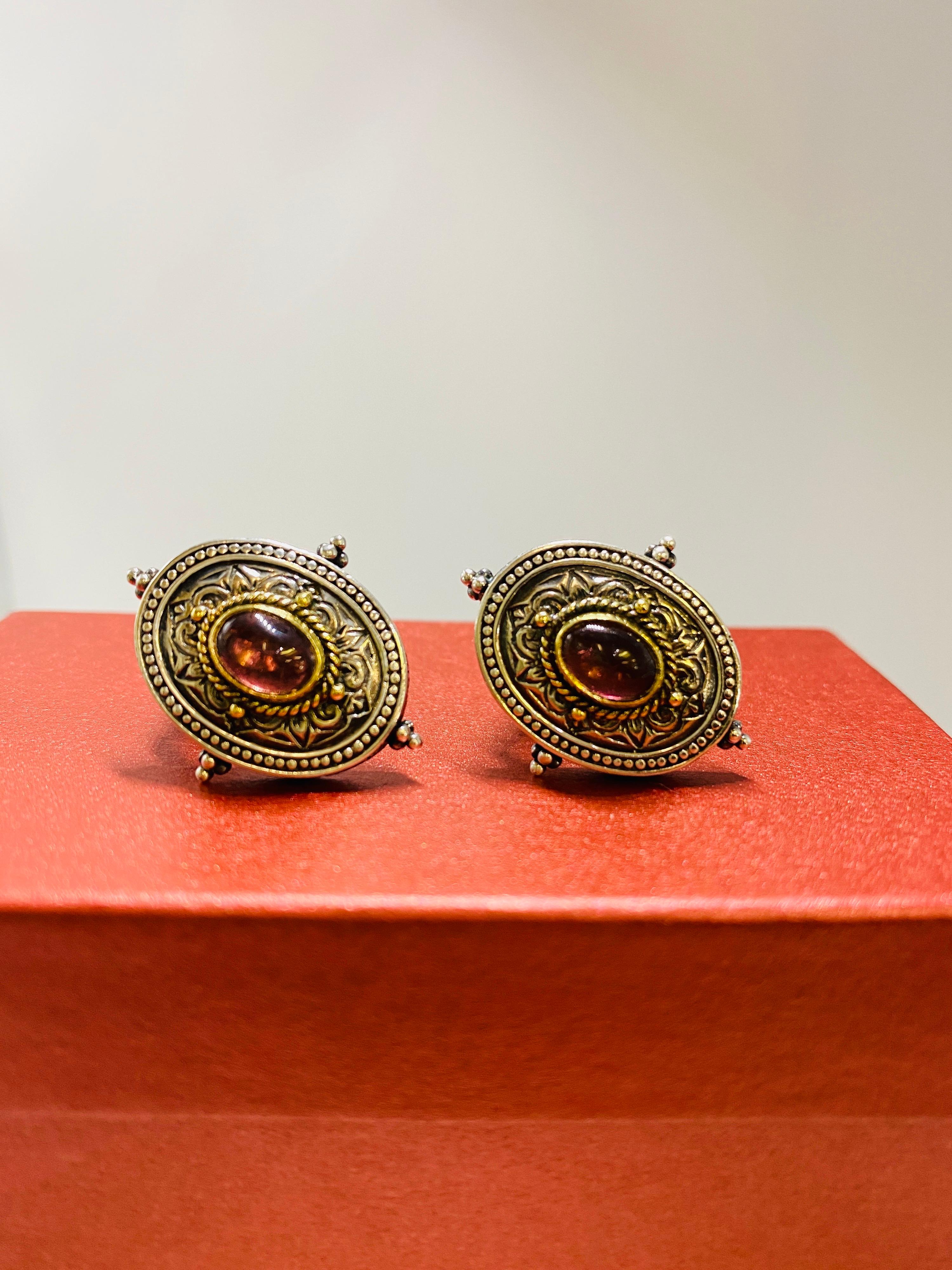 Konstantino sterling silver and 18k yellow gold clip earrings with pink tourmaline. 