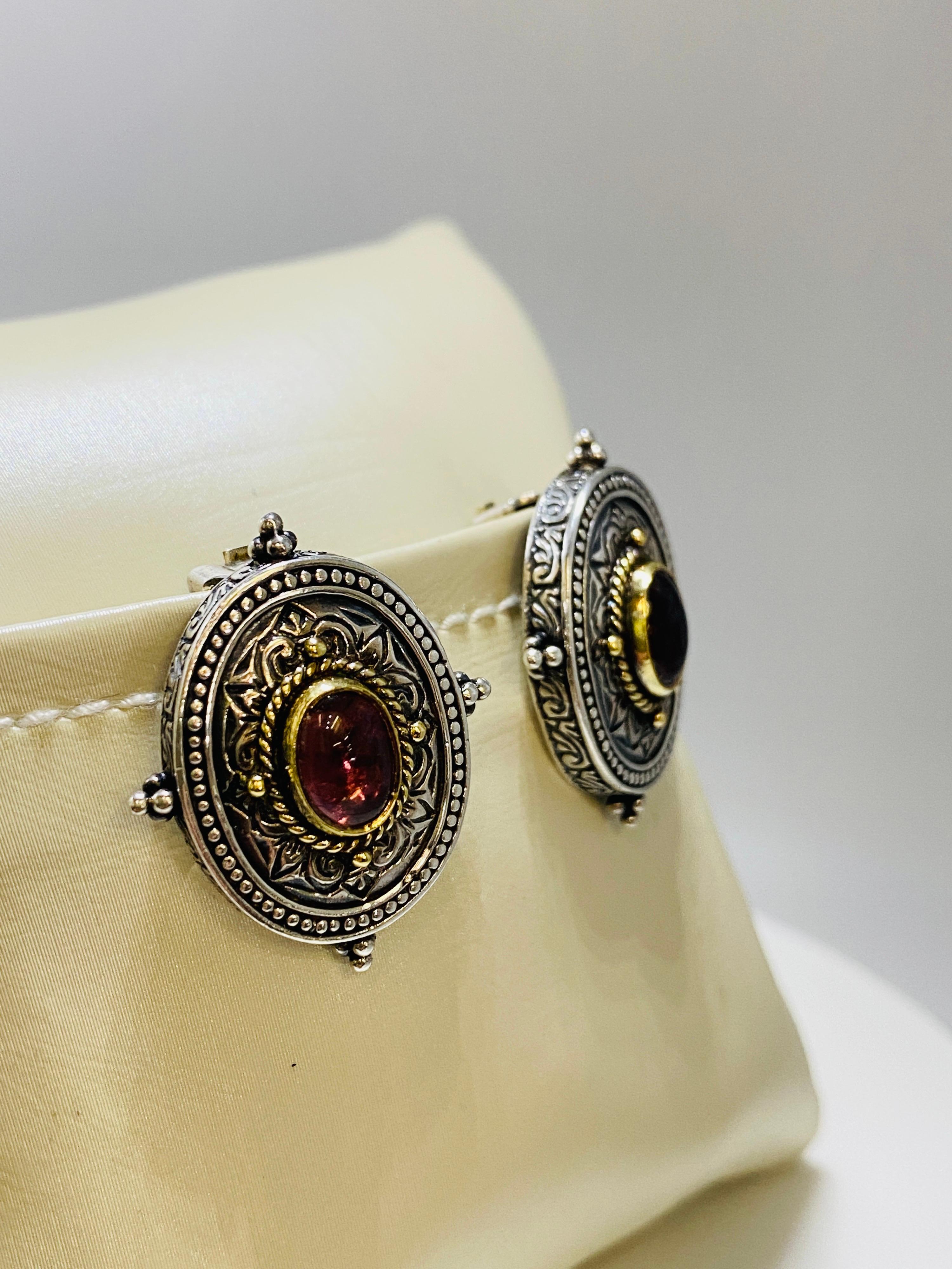 Classical Greek Konstantino Pink Tourmaline Sterling Silver and Yellow Gold Clip Earrings For Sale