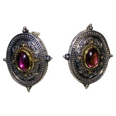 Vintage Konstantino Pink Tourmaline Sterling Silver and Yellow Gold Clip Earrings