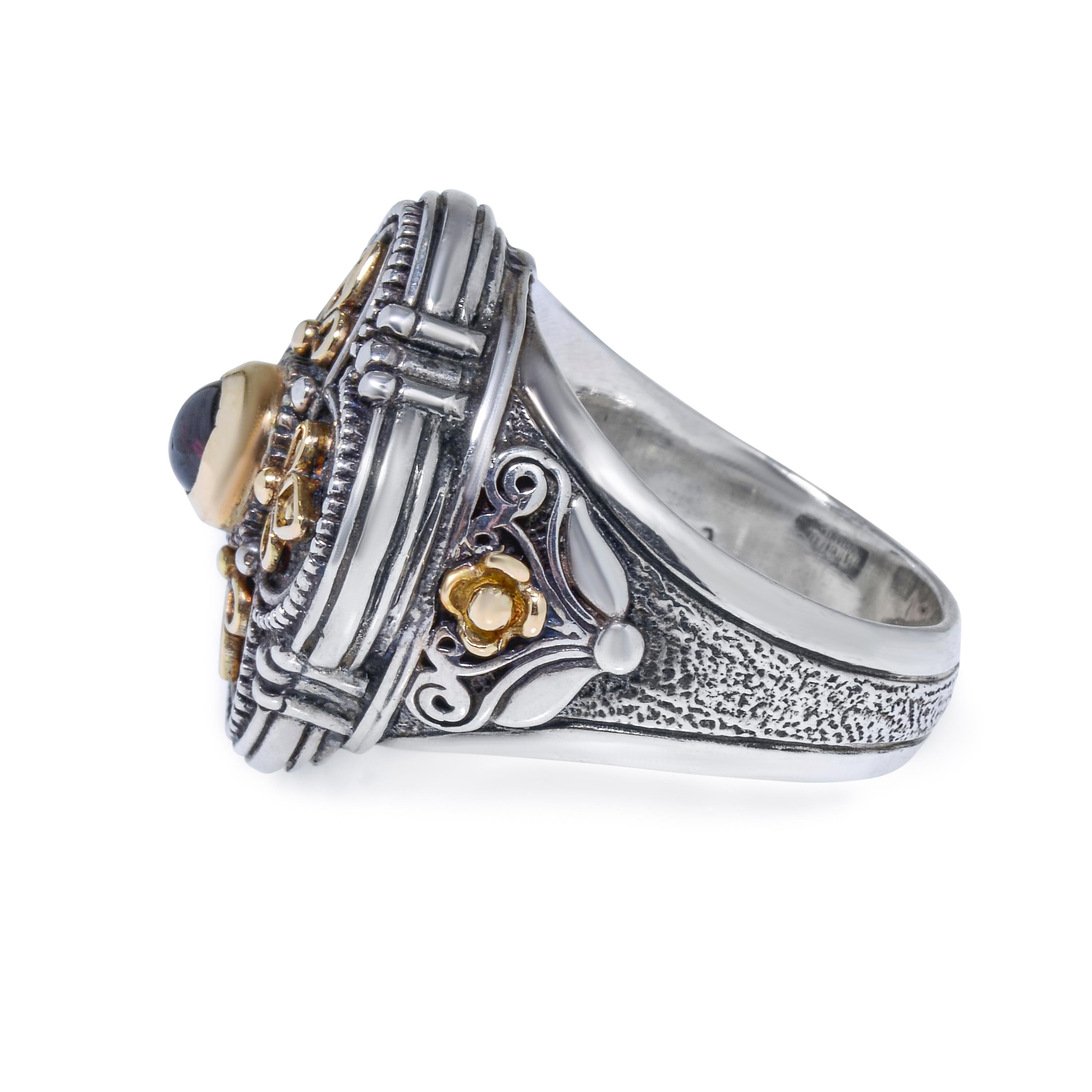 Contemporary Konstantino Sterling Silver, 18K Yellow Gold, and Garnet Ring sz 7.75 For Sale