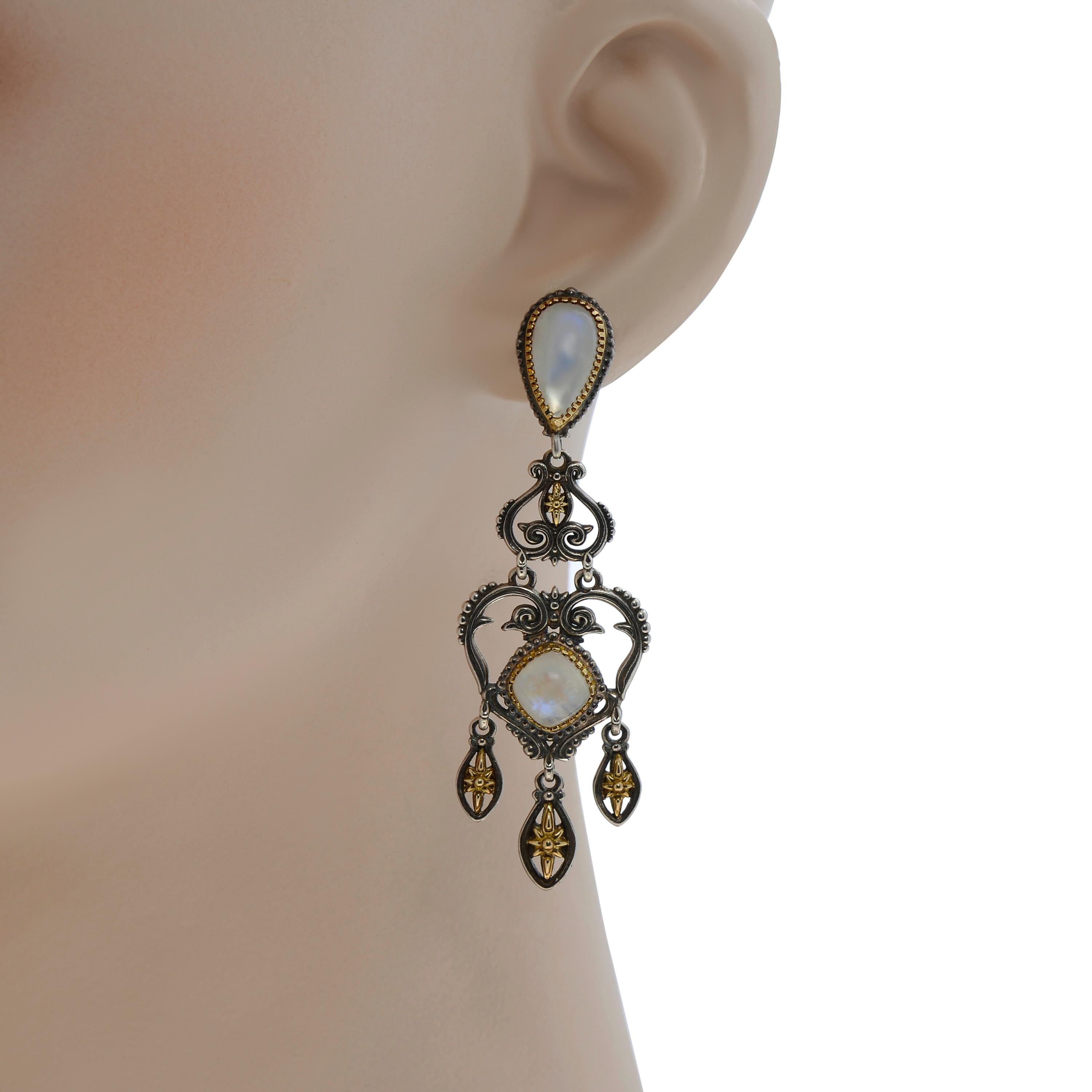 Konstantino drop earrings feature stunning labradorite set in sterling silver with 18k yellow gold accents. The drop is 2 3/4
