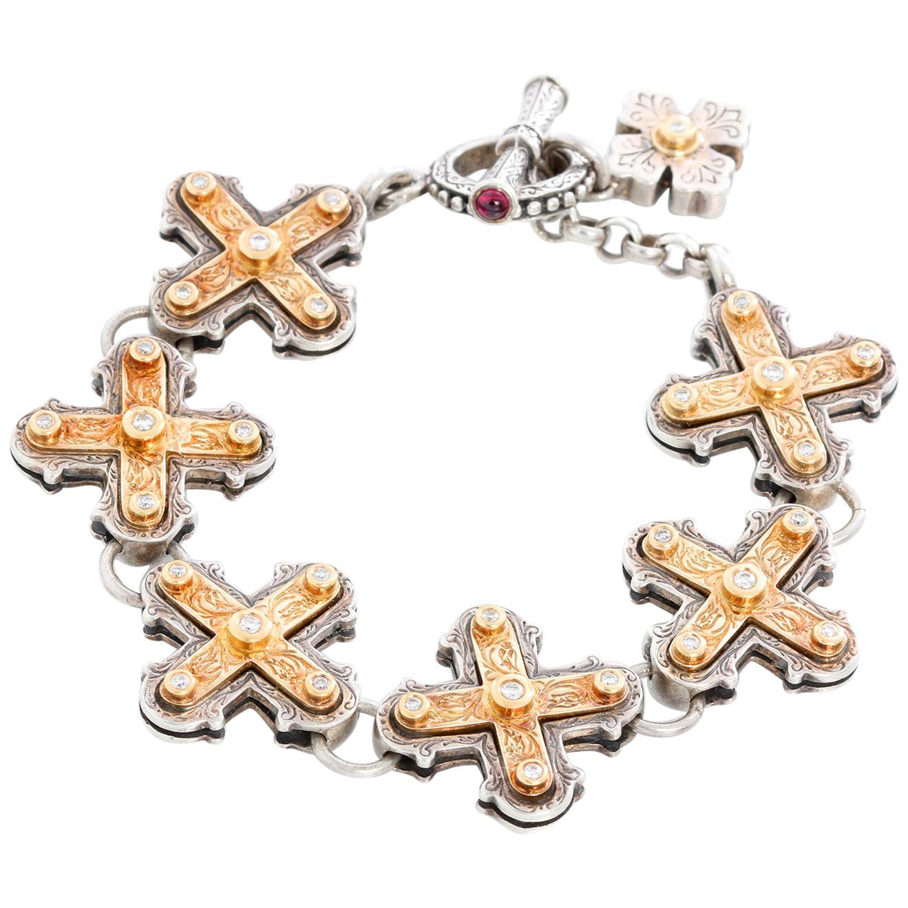 Konstantino Sterling Silver and 18 Karat Yellow Gold Cross Bracelet