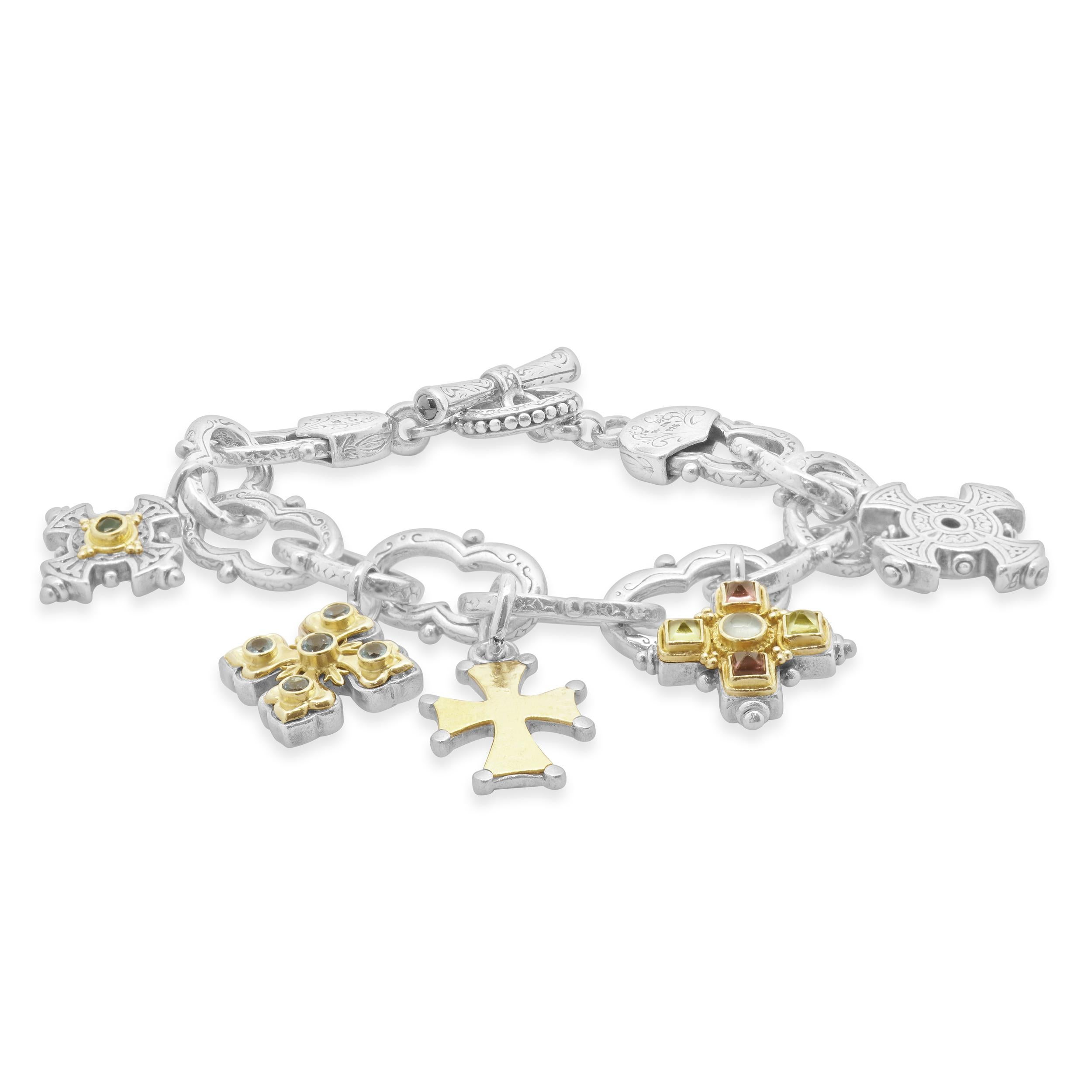 Konstantino Sterling Silver and 18 Karat Yellow Gold Five Maltese Cross Bracelet In Excellent Condition For Sale In Scottsdale, AZ