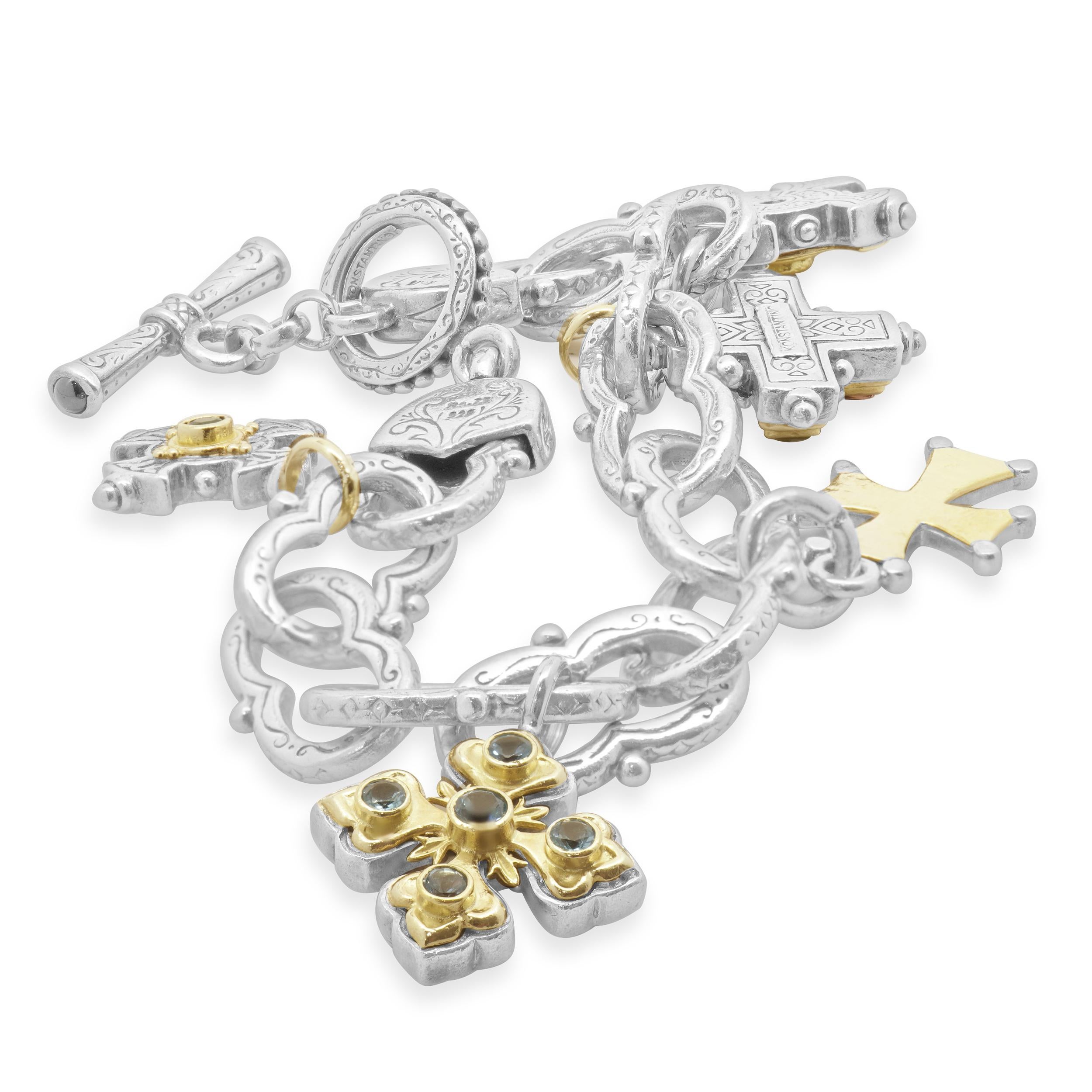 Women's Konstantino Sterling Silver and 18 Karat Yellow Gold Five Maltese Cross Bracelet For Sale