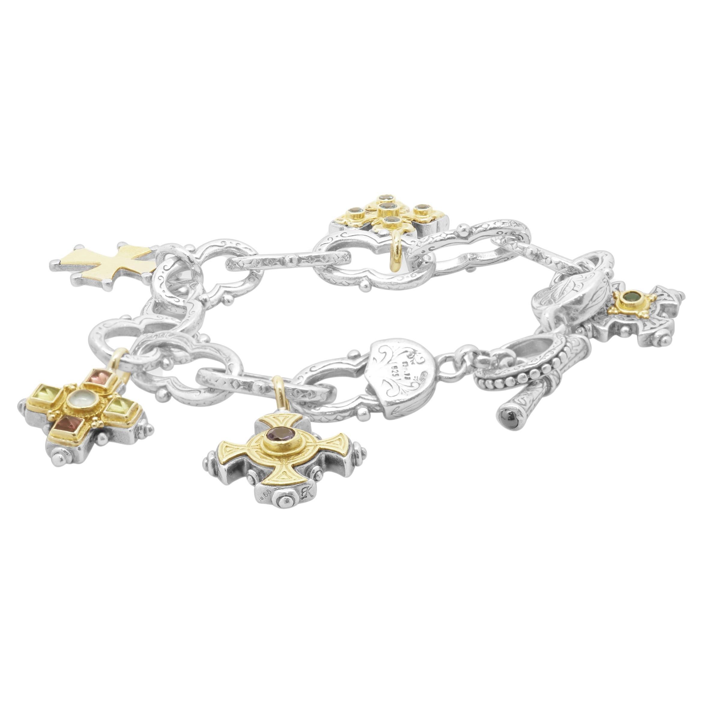 Konstantino Sterling Silver and 18 Karat Yellow Gold Five Maltese Cross Bracelet For Sale