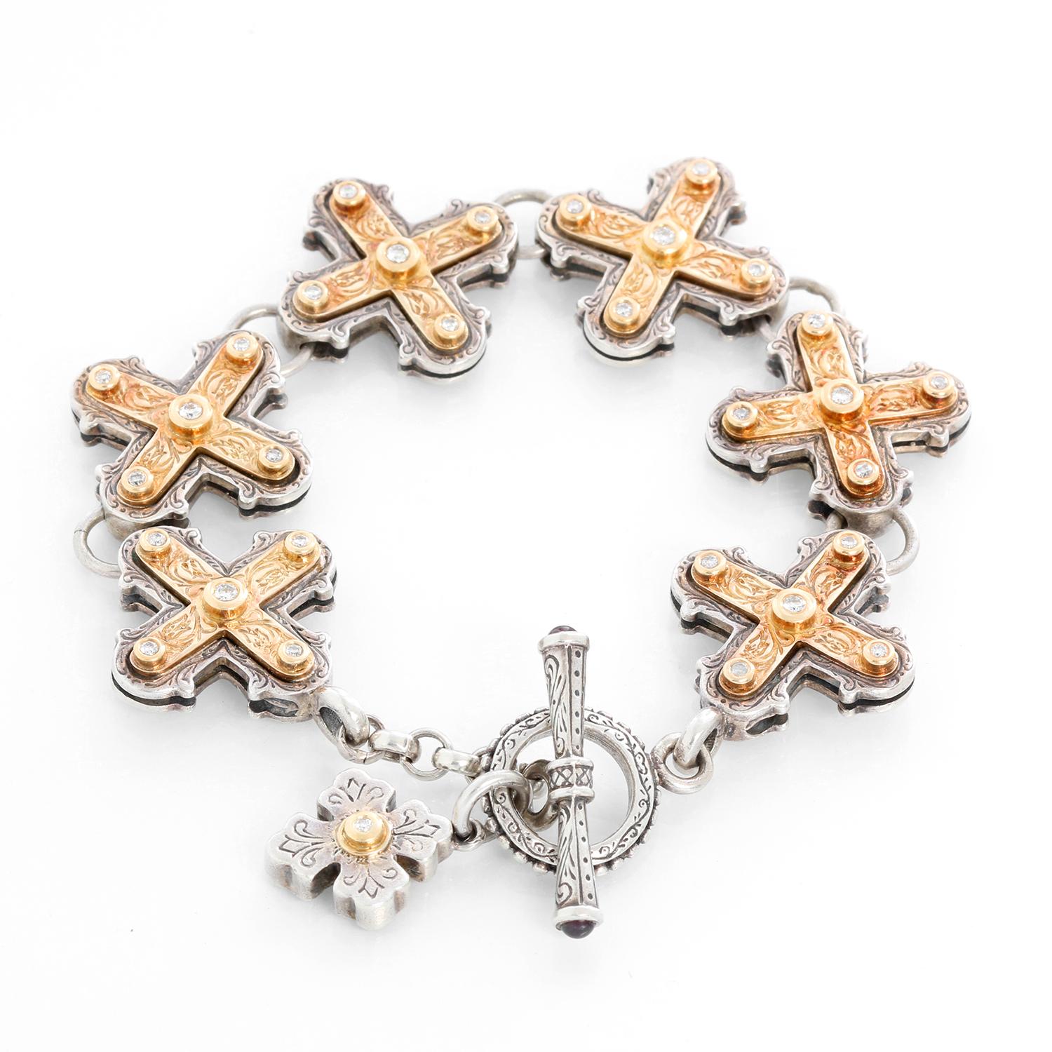 Konstantino Sterling Silver And 18k Yellow Gold Cross Bracelet - Sterling Silver and 18K Yellow Gold crosses. Length 7 1/4 inch with  .55 cts diamonds.