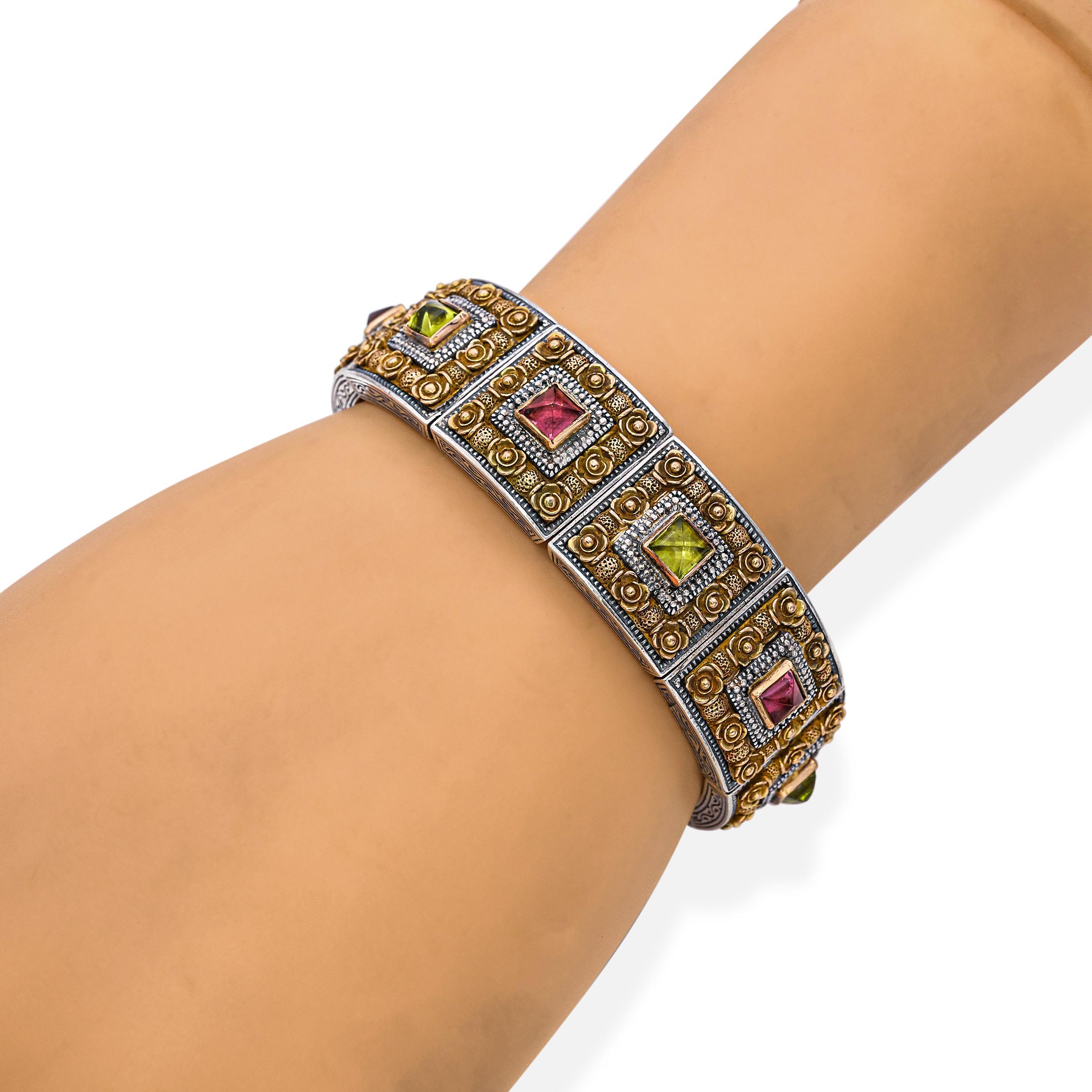 Taille carrée Konstantino Bracelet en argent et or jaune 18 carats avec tourmaline en vente