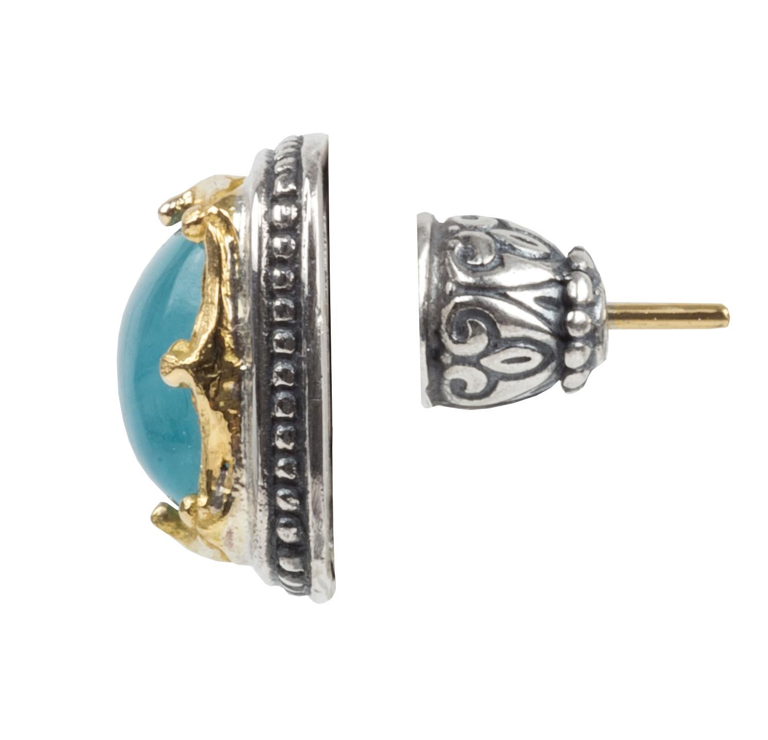 Konstantino Sterling Silver and Yellow Gold Astria Stud Earrings with Cabochon Aquamarine.  Stamped K 925 and 750.