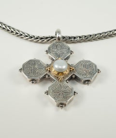 Konstantino Sterling Silver Chain, Sterling Silver, Gold and Pearl Cross Pendant