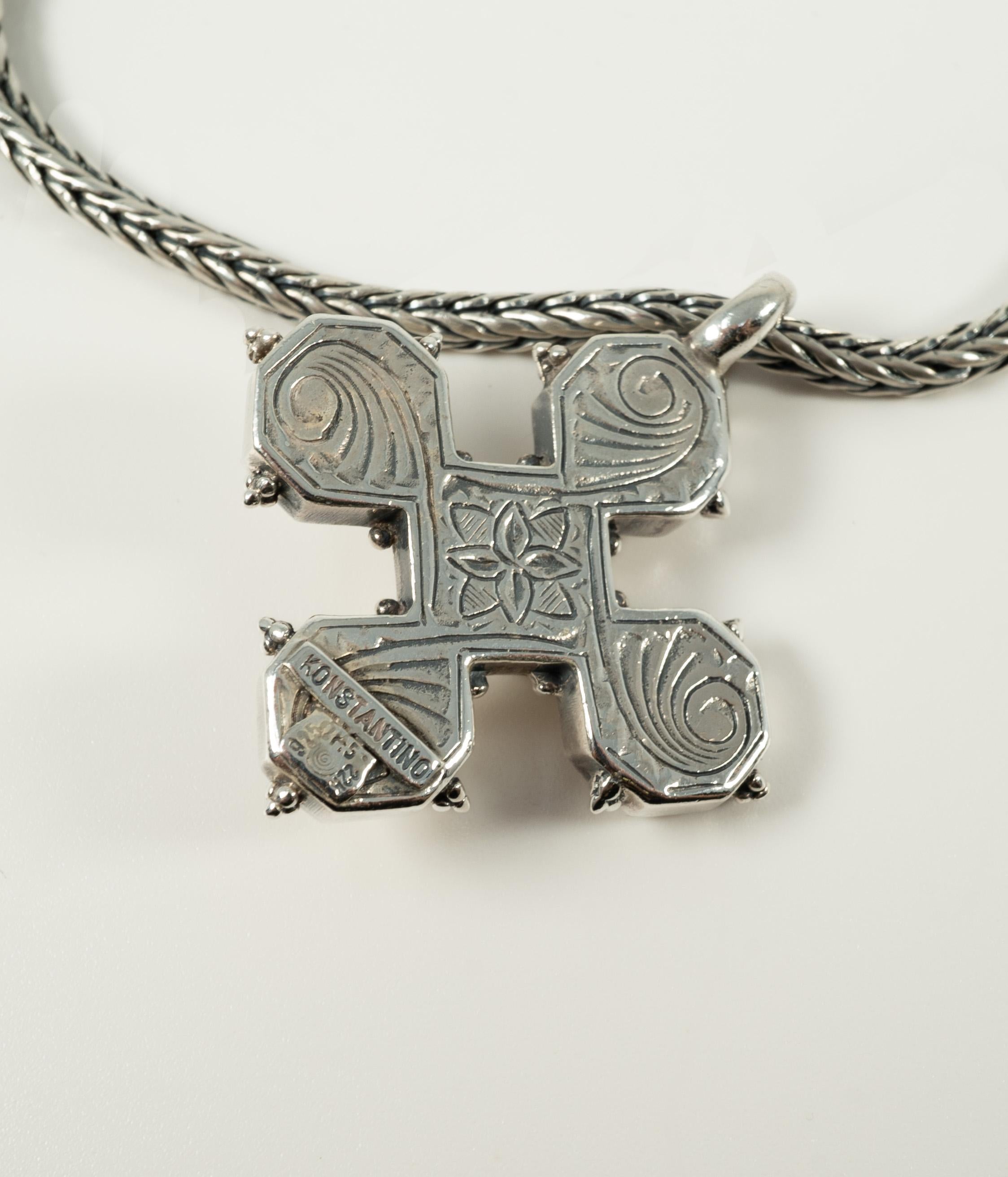 Konstantino Sterling Silver Chain, Sterling Silver, Gold and Pearl Cross Pendant In Good Condition For Sale In Dallas, TX