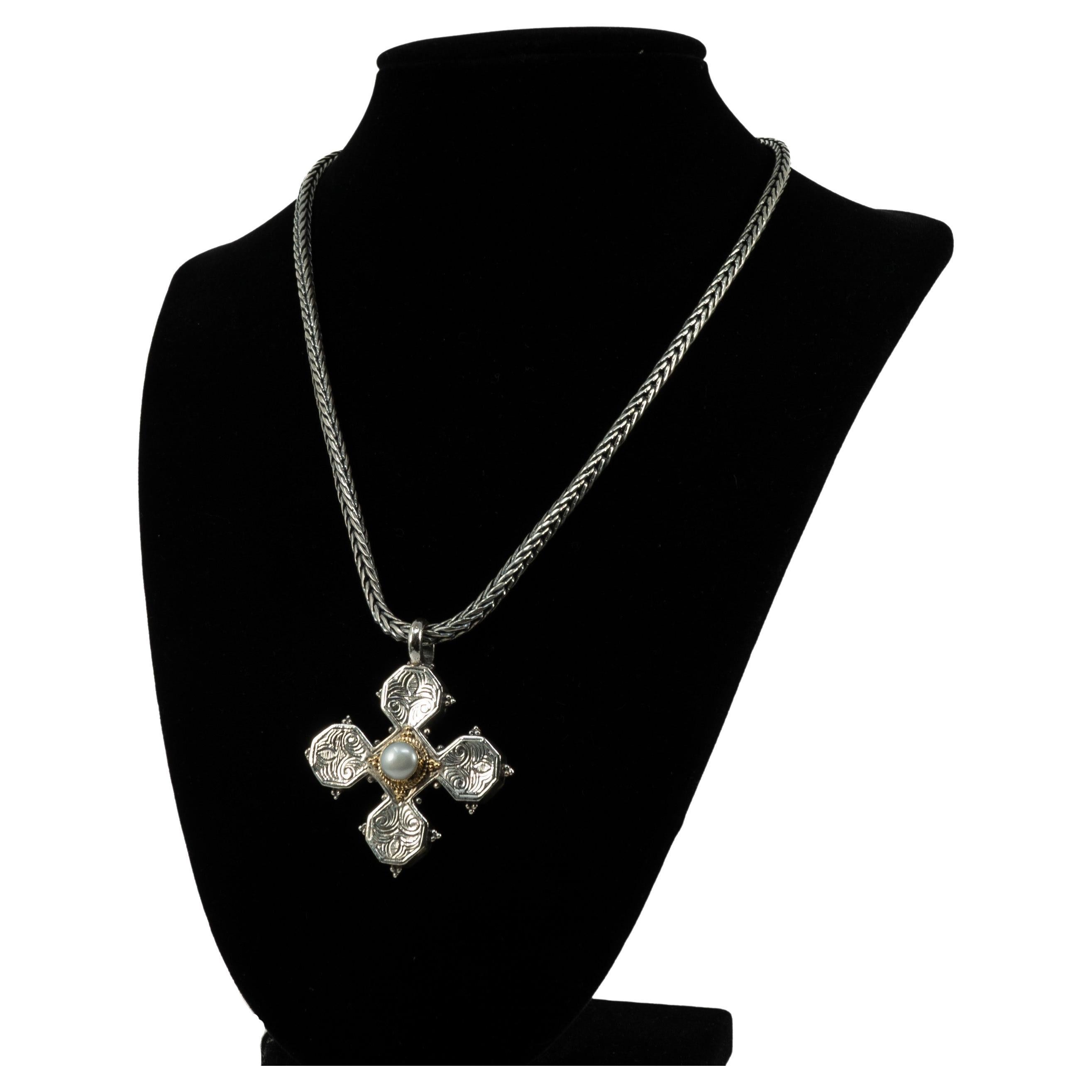 Konstantino Sterling Silver Chain, Sterling Silver, Gold and Pearl Cross Pendant For Sale