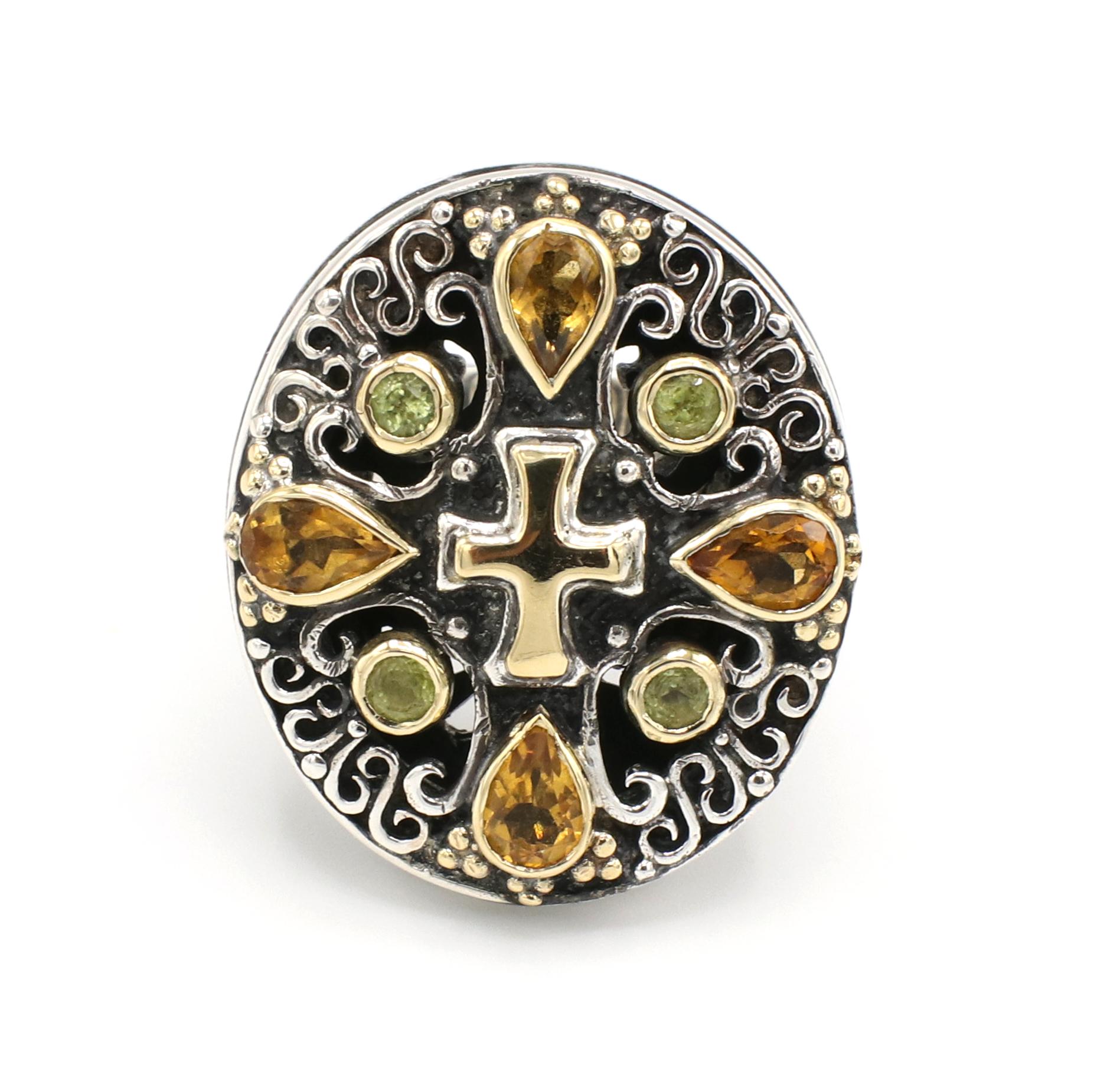 Konstantino Sterling Silver & Gold Multi-Colored Gemstone Cross Ring 
Metal: Sterling silver and 18k yellow gold
Weight: 30.22 grams
Top: 30 x 25mm
Size: 7 (US)
Gemstones: Citrine, peridot
