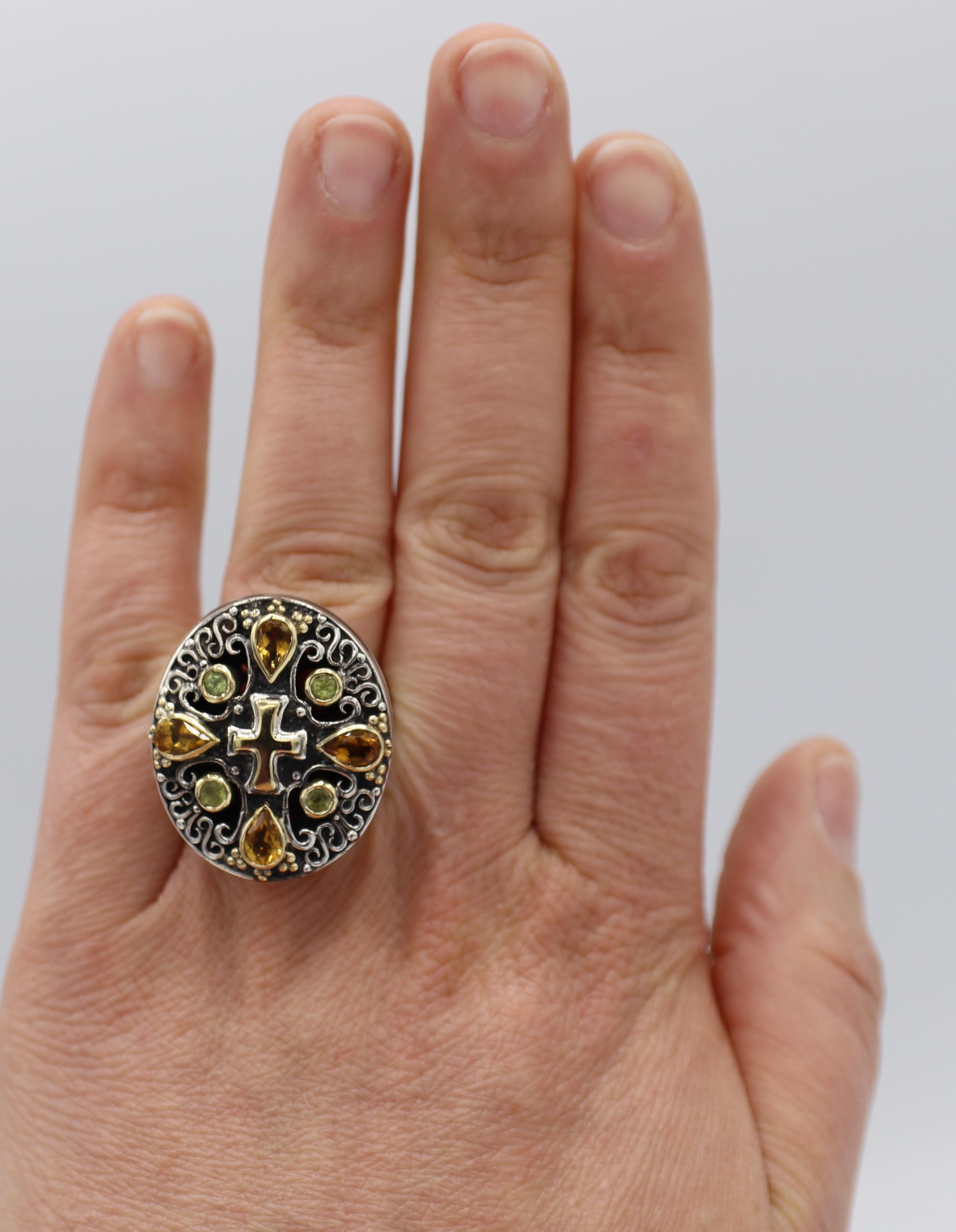 Modern Konstantino Sterling Silver & Gold Multi-Colored Gemstone Cross Ring  For Sale