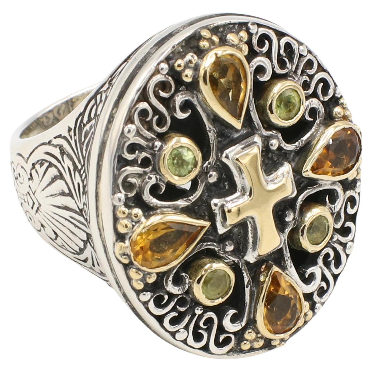 Konstantino Sterling Silver & Gold Multi-Colored Gemstone Cross Ring  For Sale
