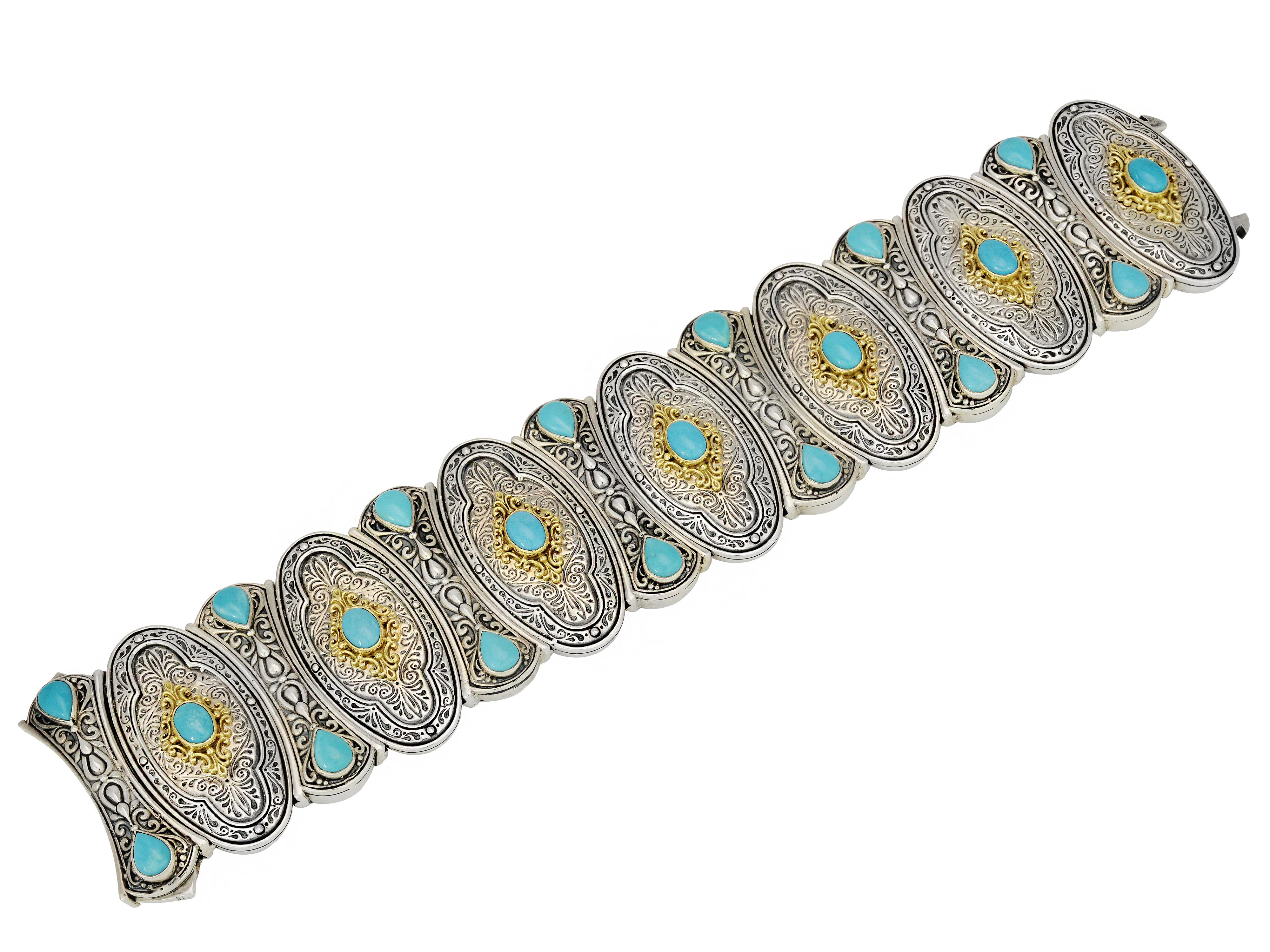 Oval Cut Konstantino Sterling Silver, Gold, and Turquoise Bracelet