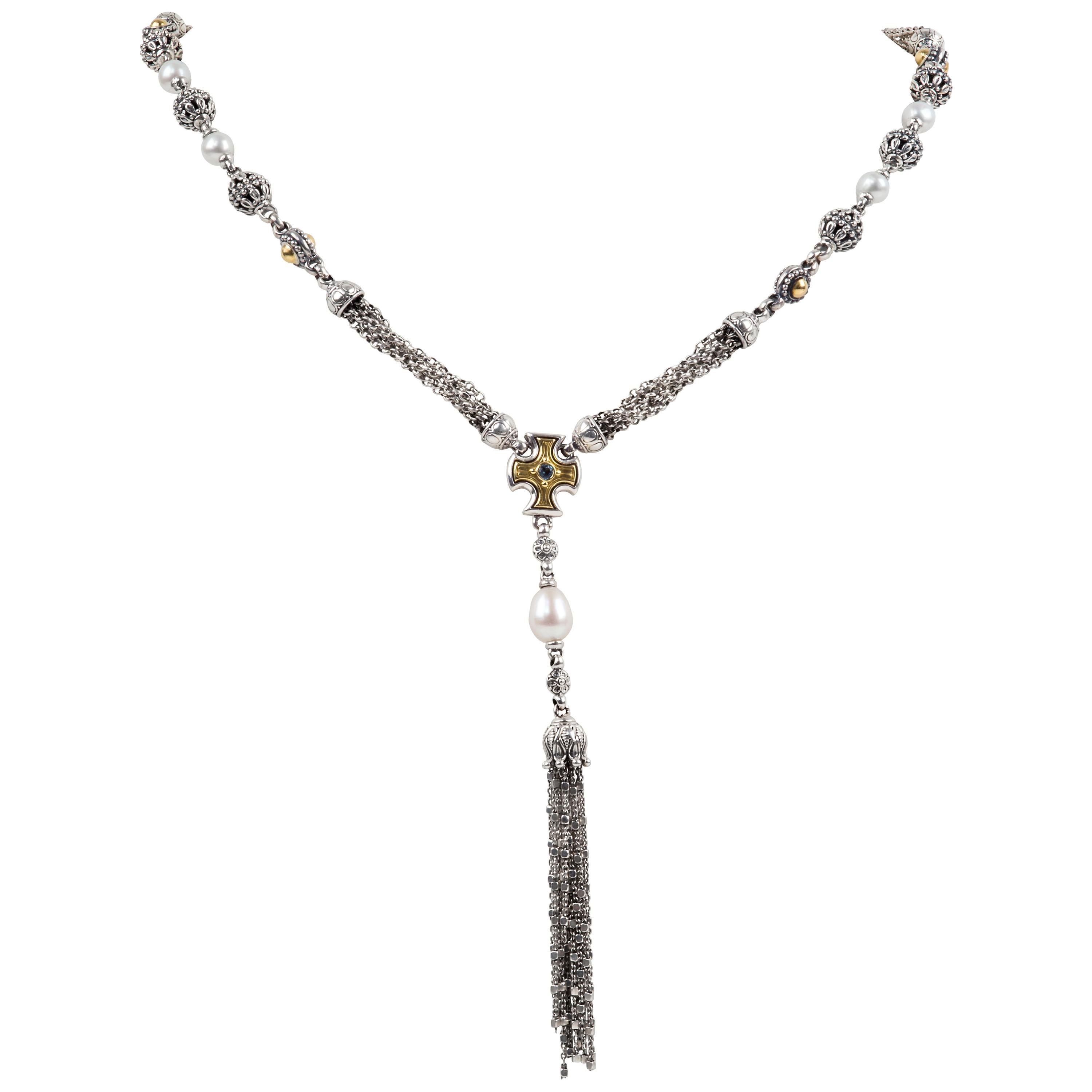 Konstantino Sterling Silver Pearl and Aqua Tassel Necklace  For Sale