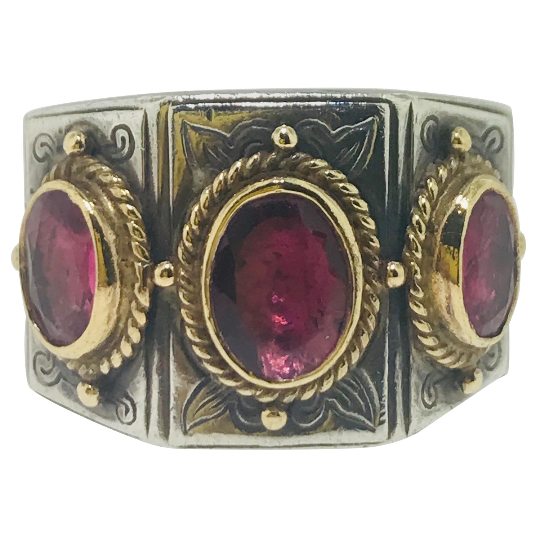Konstantino Three Pink Tourmaline Ring in 18 Karat Gold and Sterling Silver
