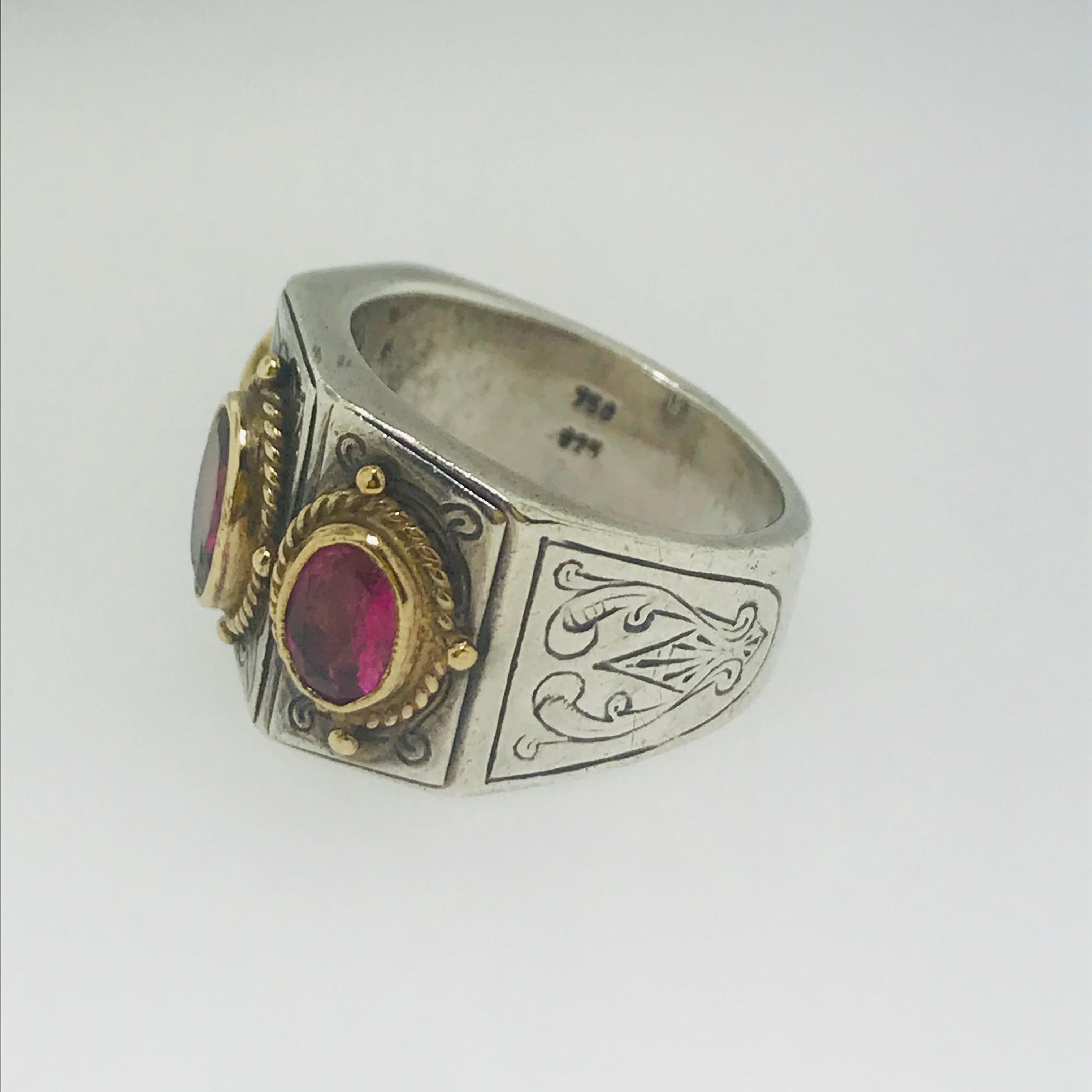 Artisan Konstantino Three Pink Tourmaline Ring in 18 Karat Gold and Sterling Silver