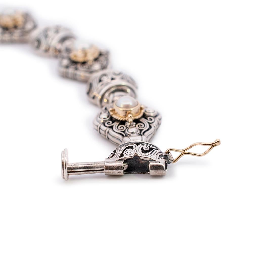 Konstantino Vintage-Armband aus Sterlingsilber und 18 Karat Gelbgold mit strukturierten Perlen Damen im Angebot