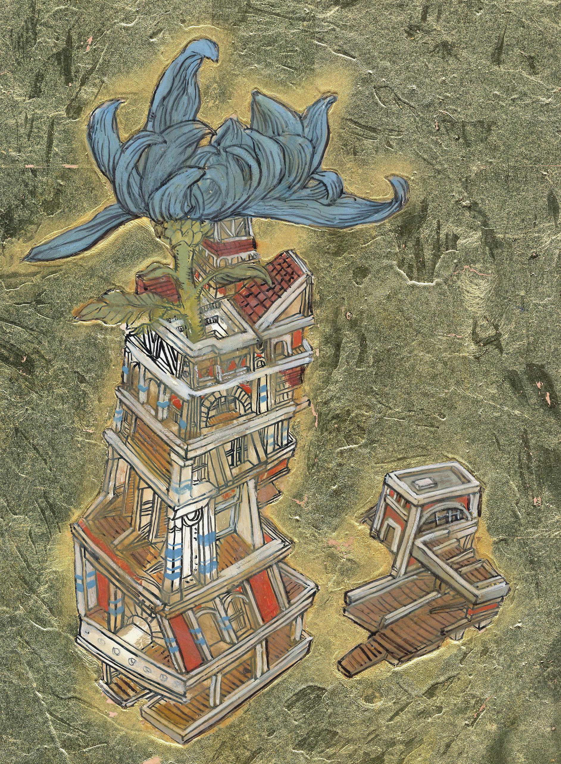 Blue Flower in Tower, Ink, egg tempera and gold leaf, illustrated architectural  - Painting by Konstantinos Papamichalopoulos