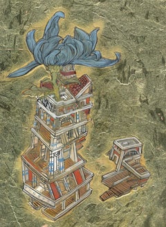 Blue Flower in Tower, Ink, egg tempera and gold leaf, illustrated architectural