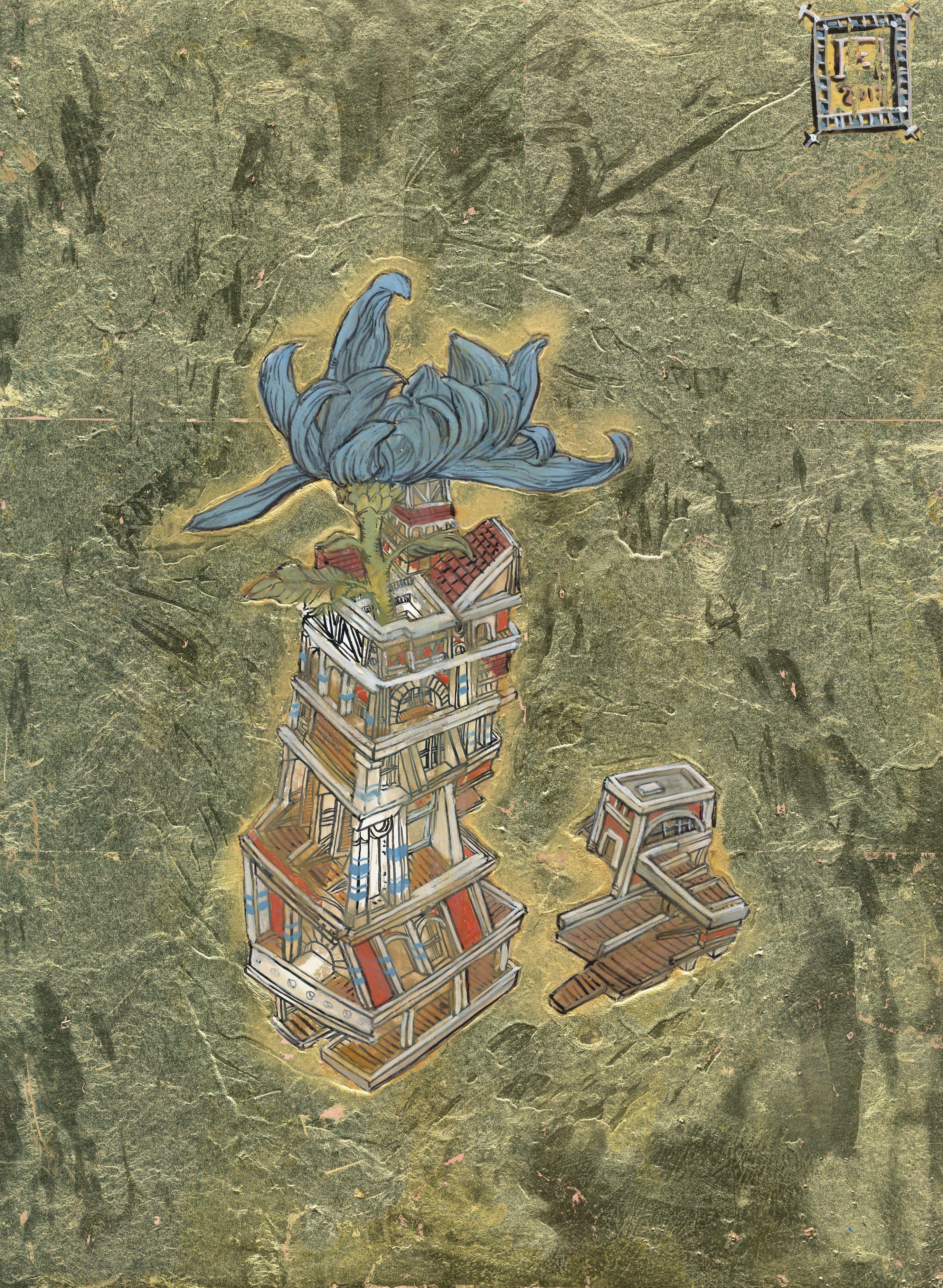 Flor Azul en Torre, Tinta, temple al huevo y pan de oro, arquitectónico ilustrado 