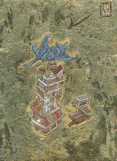 Blue Flower in Tower, Ink, egg tempera and gold leaf, illustrated architectural 