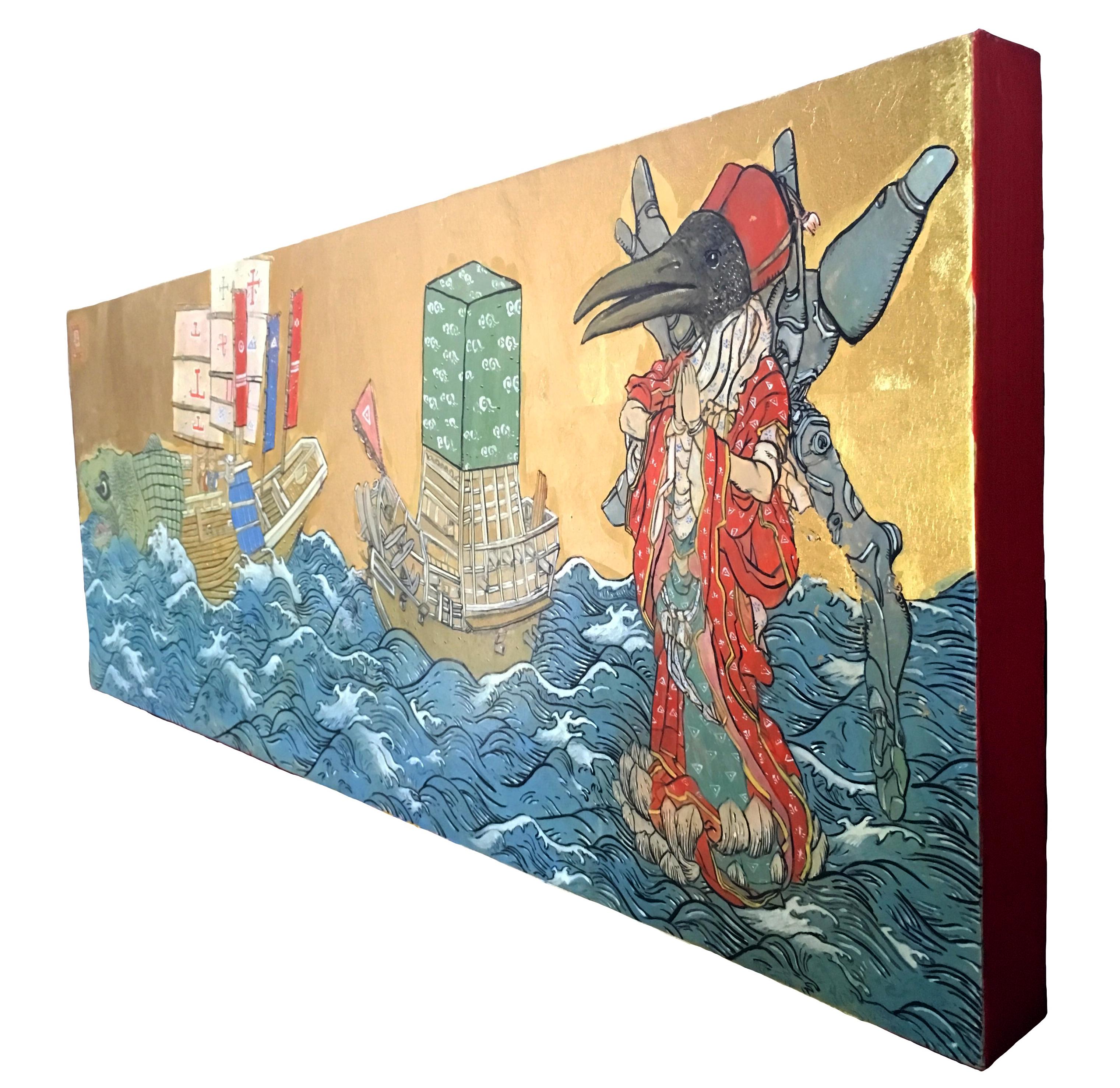 Floating Thoth & Two Boat Fish Sea, Japanese style, ink and gold leaf on panel - Painting by Konstantinos Papamichalopoulos