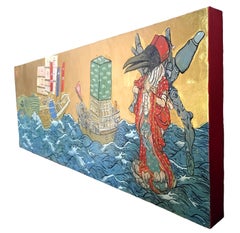 Floating Thoth & Two Boat Fish Sea, Japanese style, ink and gold leaf on panel