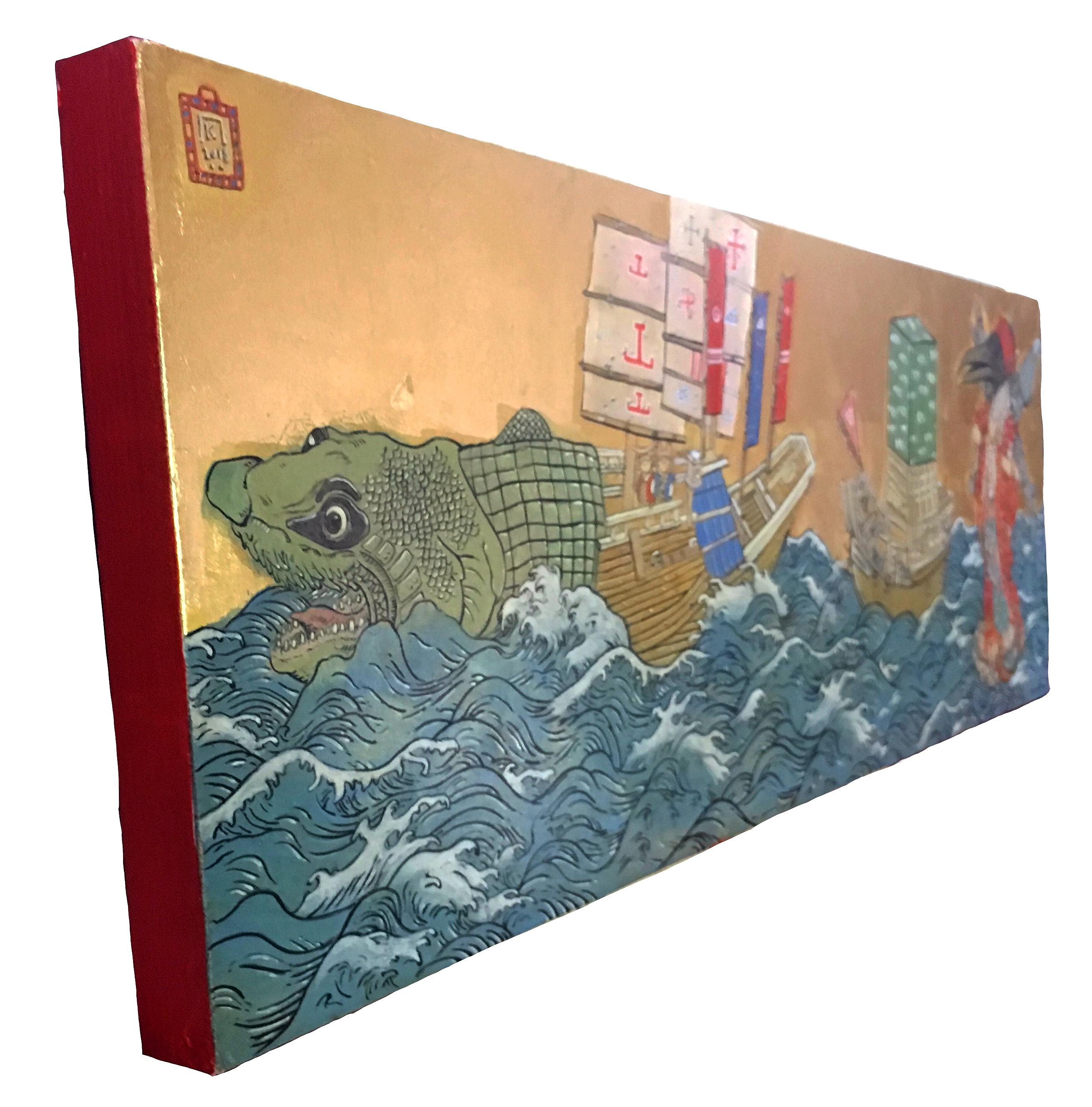 Toth Flotante y Dos Barcos Peces Marinos, estilo japonés, tinta y pan de oro sobre tabla - Painting Contemporáneo de Konstantinos Papamichalopoulos