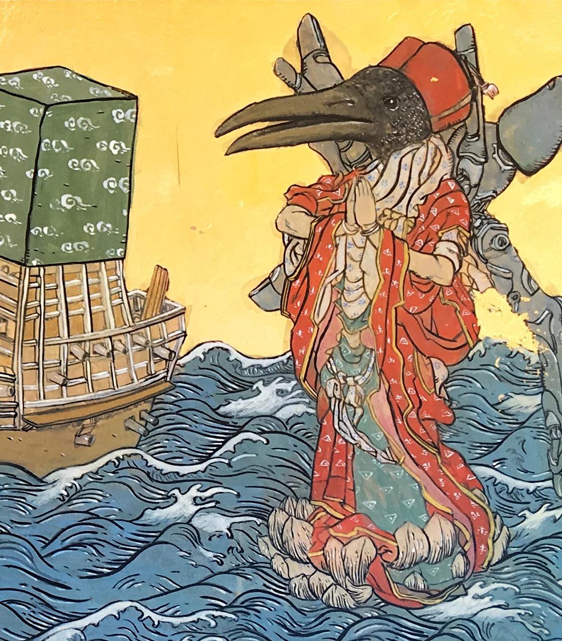 Sea Floating Thoth & Two Boat Fish Sea, style japonais, encre et feuille d'or sur panneau - Marron Landscape Painting par Konstantinos Papamichalopoulos