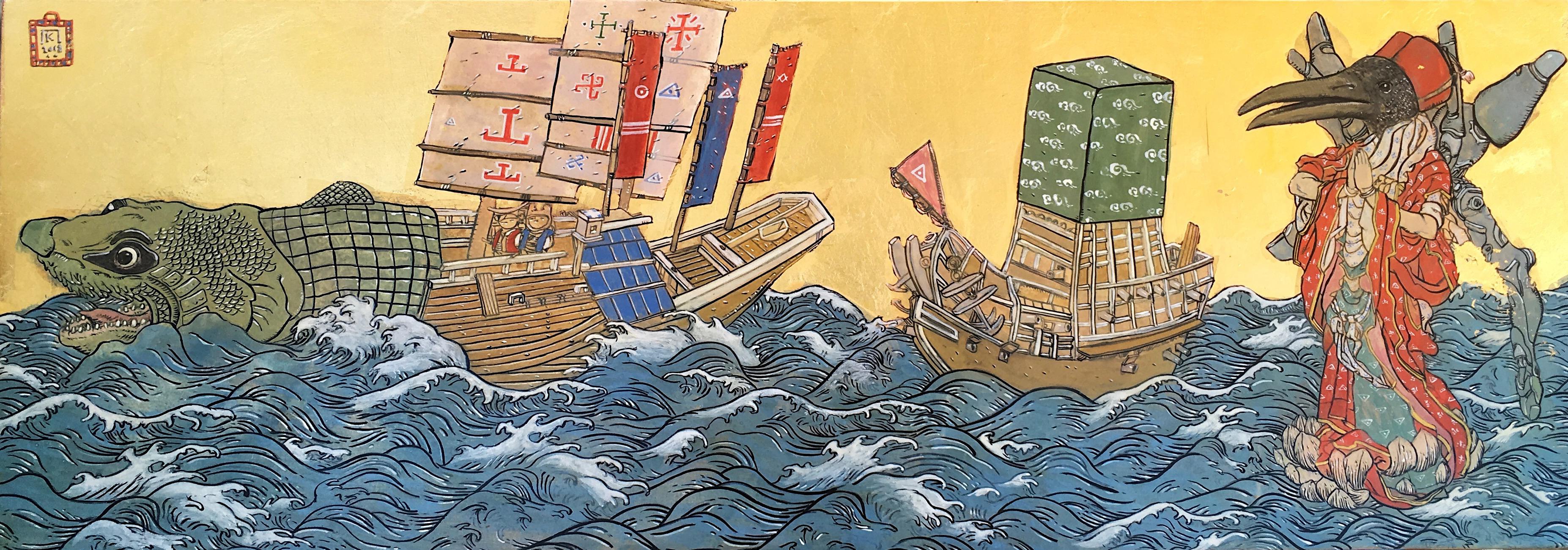 Landscape Painting Konstantinos Papamichalopoulos - Sea Floating Thoth & Two Boat Fish Sea, style japonais, encre et feuille d'or sur panneau