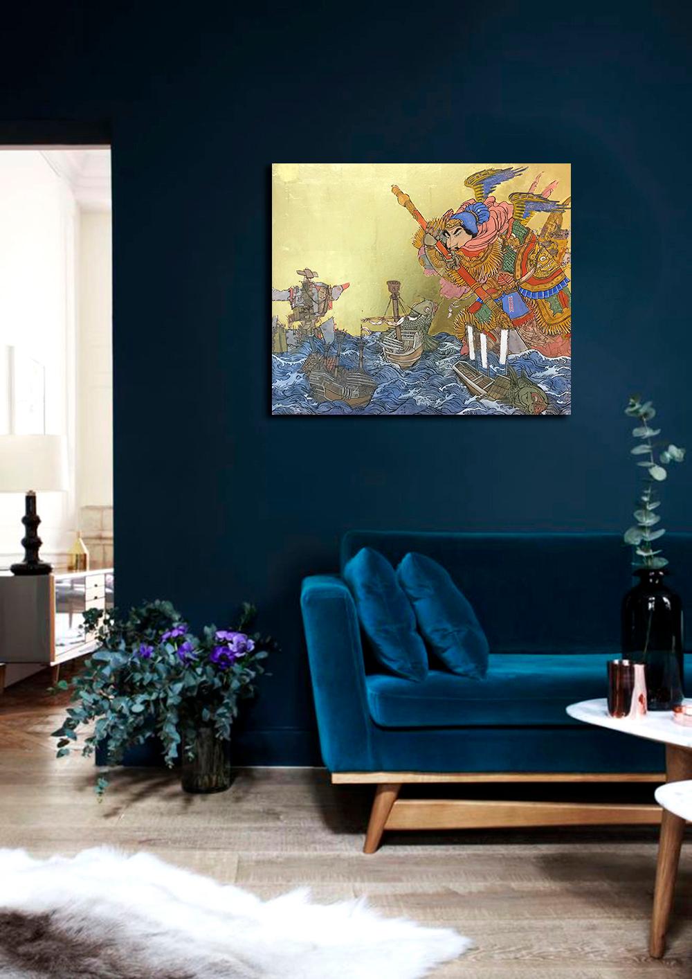Giant At Sea, peinture d'inspiration asiatique avec Samurai, encre, œuf-tempera, feuille d'or - Painting de Konstantinos Papamichalopoulos
