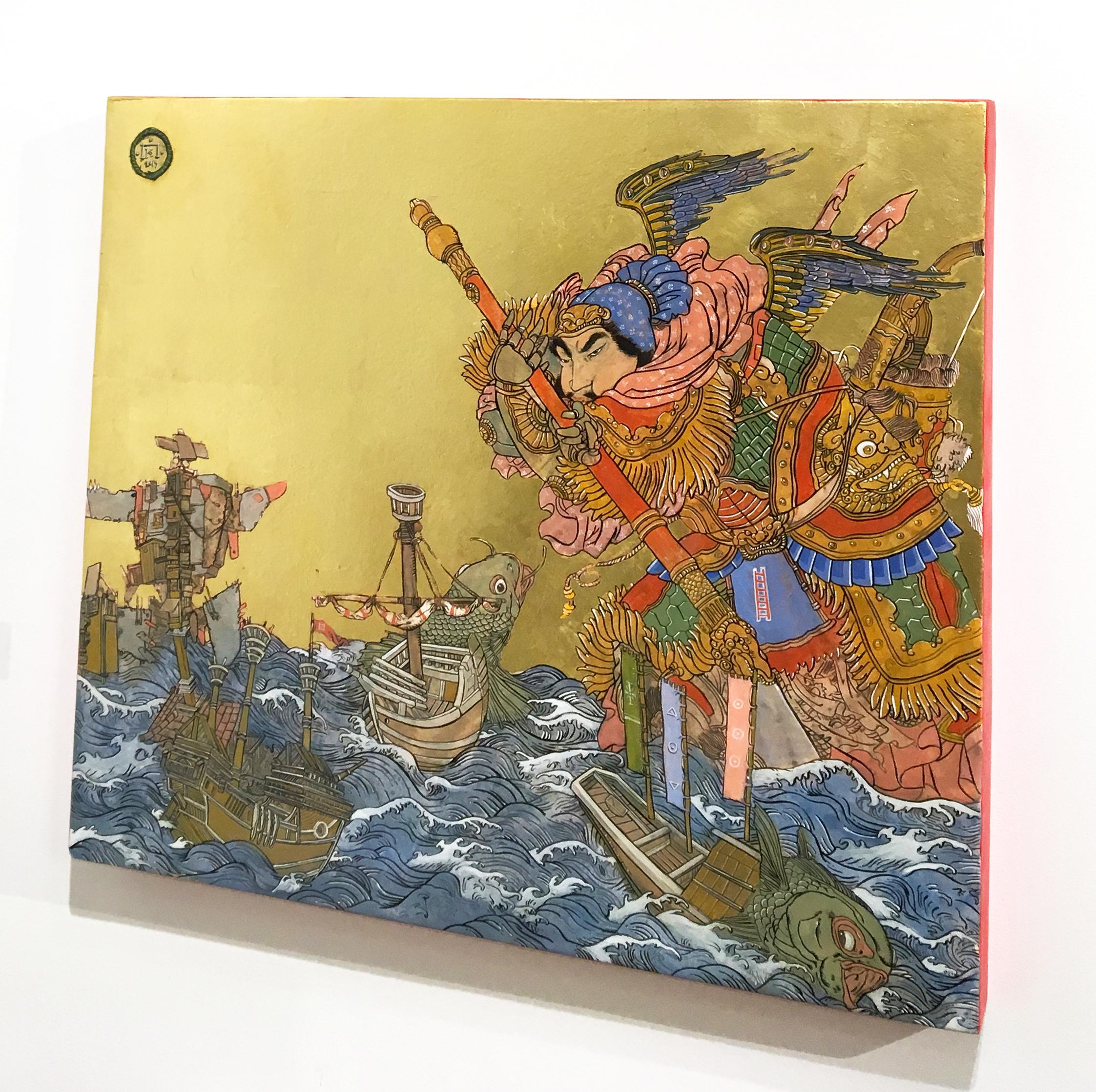 Giant At Sea, peinture d'inspiration asiatique avec Samurai, encre, œuf-tempera, feuille d'or - Or Landscape Painting par Konstantinos Papamichalopoulos