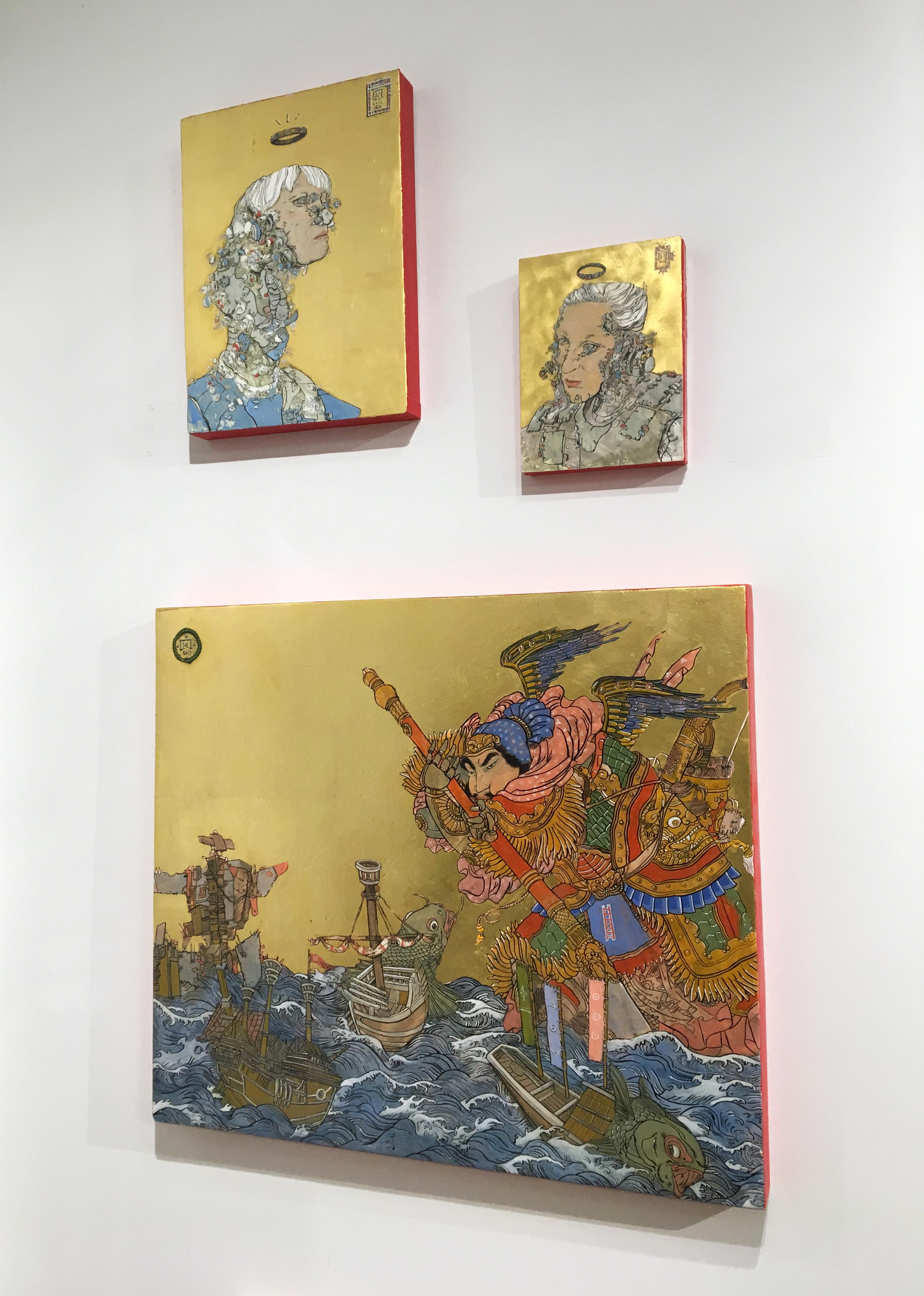 Giant At Sea, peinture d'inspiration asiatique avec Samurai, encre, œuf-tempera, feuille d'or en vente 1