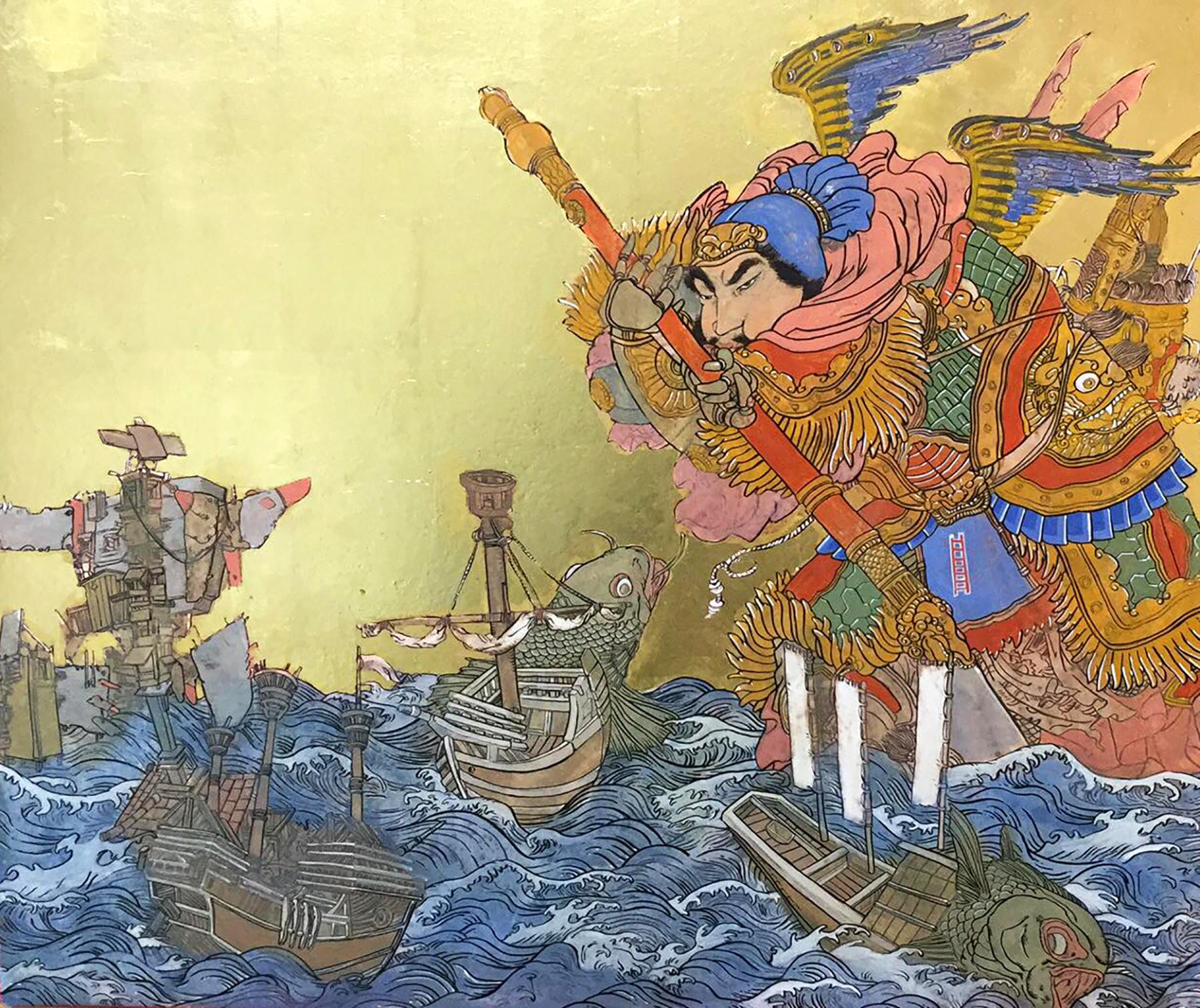 Giant At Sea, Asian Inspired Painting with Samurai, Ink, egg-tempera, gold leaf