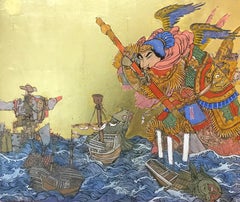 Giant At Sea, peinture d'inspiration asiatique avec Samurai, encre, œuf-tempera, feuille d'or