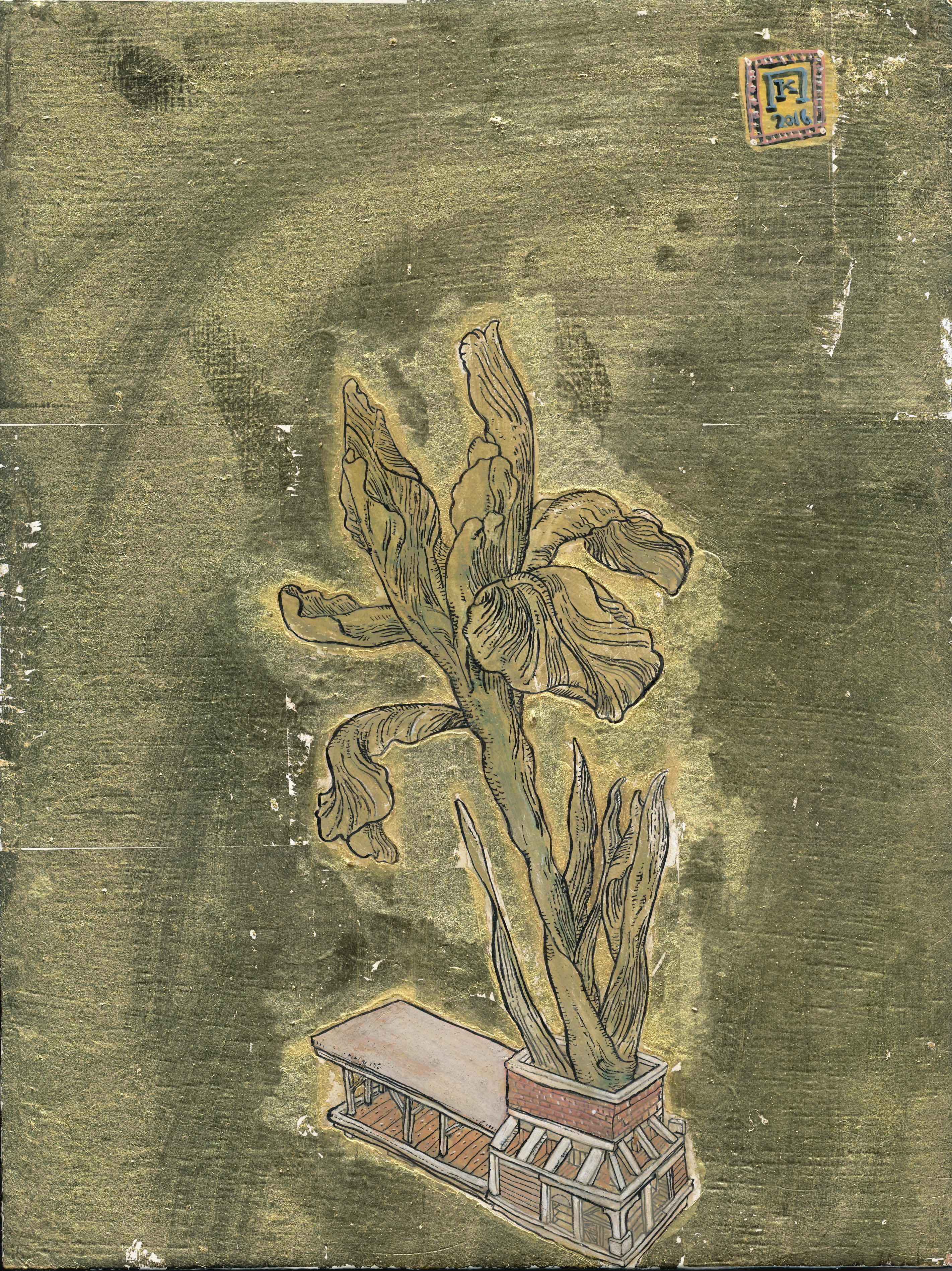 Iris Missouriensis, Encre, tempera à l'œuf et feuille d'or, fleur architecturale
