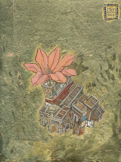 Pink, Ink, egg tempera and gold leaf, illustrated architectural flower, nature