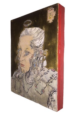 Royal Princess, Robotic & comic inspired, Ink egg-tempera and gold leaf on panel
