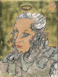 Royal Princess, Robotic & comic inspired, Ink egg-tempera and gold leaf on panel