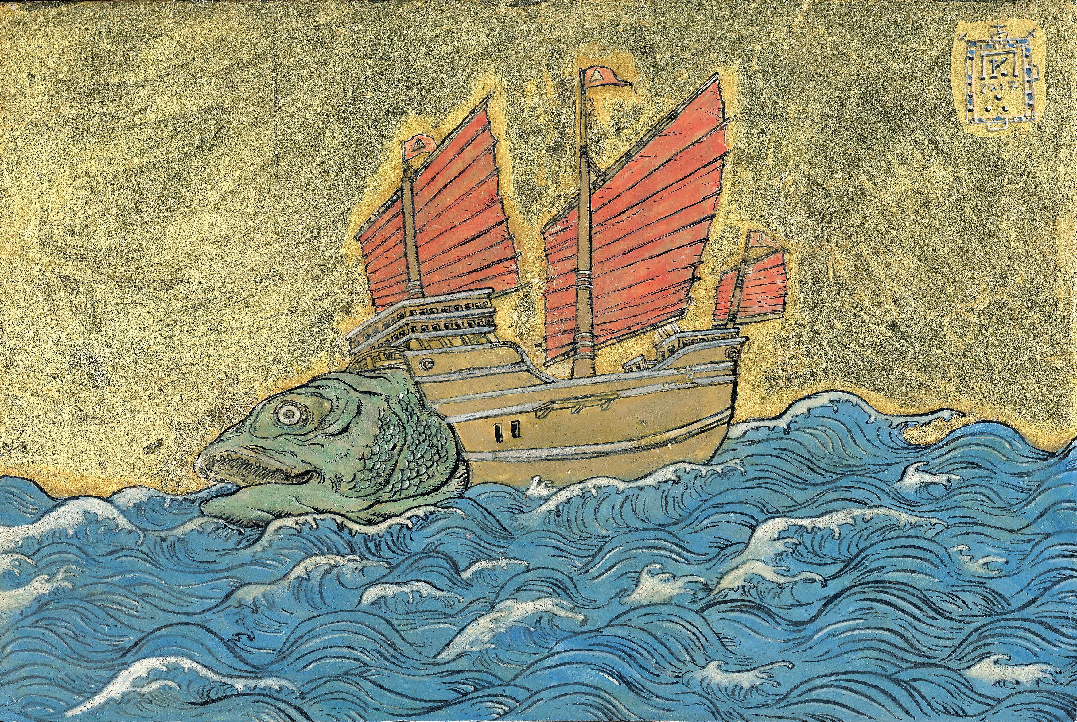 Study for a Boatfish with Red Sails - Ink, egg-tempera and gold leaf on panel