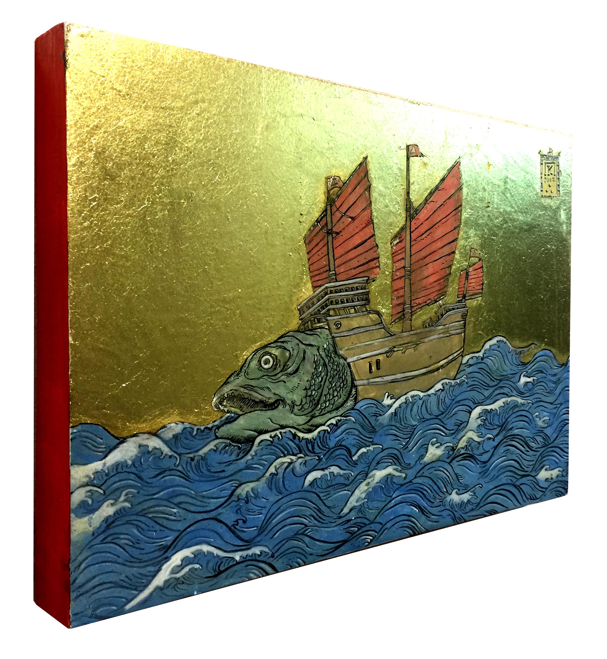 Study for a Boatfish with Red Sails - Ink, egg-tempera and gold leaf on panel - Painting by Konstantinos Papamichalopoulos