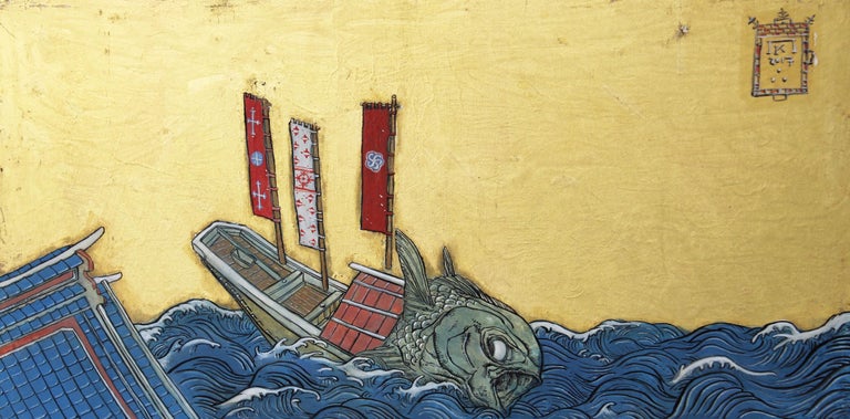 Study for a Fish at Sea with Three Flags-Ink, egg-tempera and gold leaf on panel - Contemporary Painting by Konstantinos Papamichalopoulos