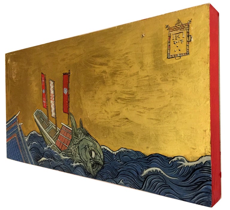Study for a Fish at Sea with Three Flags-Ink, egg-tempera and gold leaf on panel - Painting by Konstantinos Papamichalopoulos